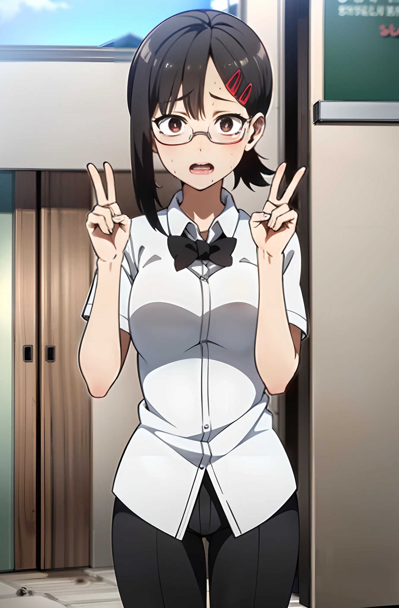 (sfw), (masterpiece:1.2), best quality, masterpiece, highres, original, extremely detailed wallpaper, (ultra-detailed), (best illustration), (best shadow), (Kobeni), small breasts, perky breasts, (white collared shirt), (blood stain:1.1), (horrified:1.2), (black necktie), (shirt stain), (stained), 1girl, looking at viewer, (scared:1.2), (tears:1.1), (brown eyes), (peace sign), (masterpiece:1.2, best quality), glasses, ((rim-less eyewear)), secretary uniform, short hair, (((mature female))), tall, beautiful, sexy, medium breast, milf