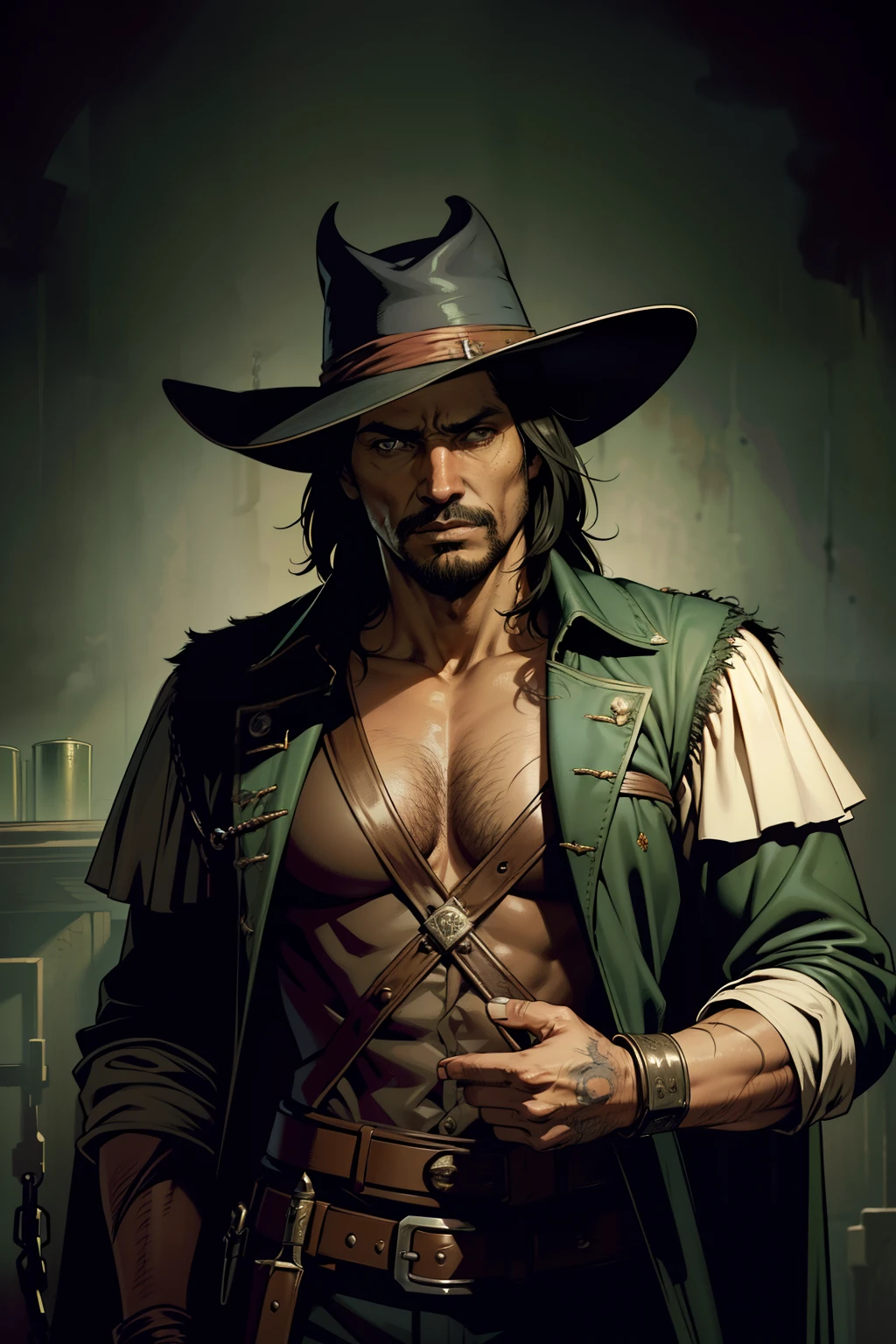 pintura de um homem, olhos abertos, olhos verdes esmeralda, olhos detalhados Escuro, chains on the wrists, handcuffed, prison background, cinematic prison cell, preso,o realista Solomon Kane, as a solomon kane, portrait of a bloodborne hunter, Tim Bradstreet, Arte Sangrenta, oeste estranho, Jessé McCree, Directed by: Hiroyuki Tajima, terras mortas, Pistoleiro, Fazer software, Directed by: Yoshihiko Wada, Leiji Matsumoto, Estilo de arte Red Dead Redemption