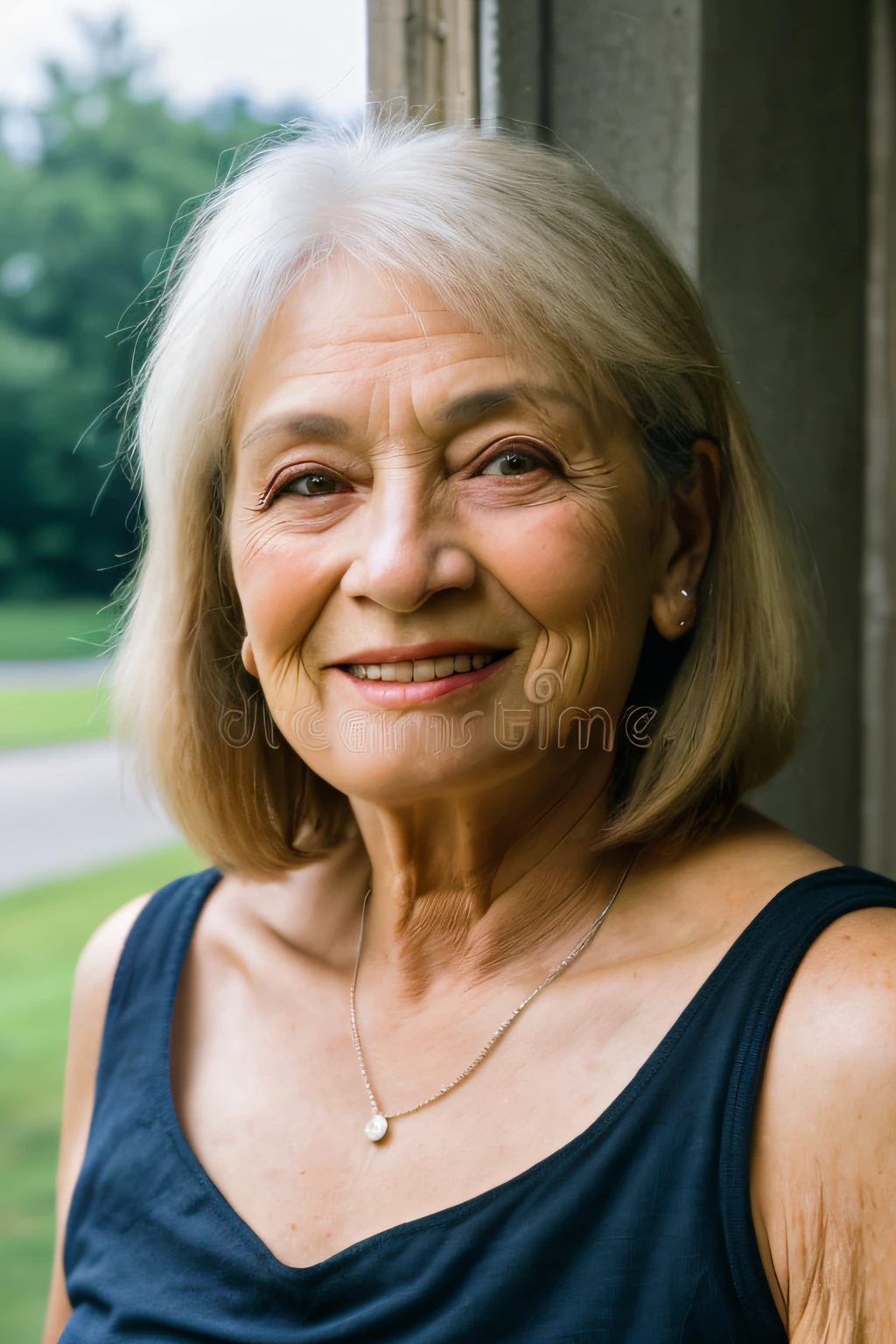 (Social distancing, Bust photo of a 67-year-old woman), (highly-detailed face:1.0) (ssmile:0.7) (Outdoor view, Moody:1.3) angle of view,film stock photography ,4 Kodak Portra 400 ,Camera f1.6 lenses ,plethora of colors ,Ultra photo realsisim ,textures true to reality, Real lighting , cine still 800