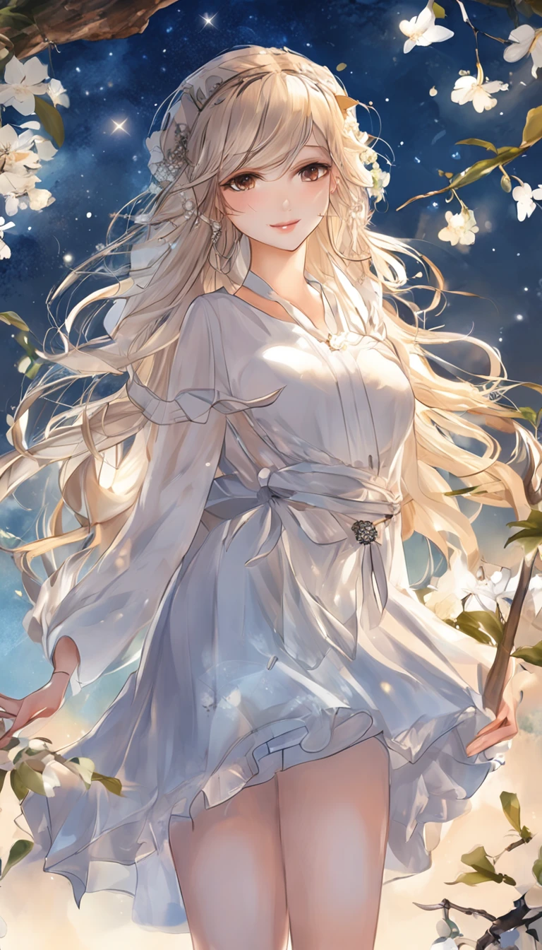 (best qualtiy,tmasterpiece), Beautiful teenage girl, Beautiful goddess, ((The shirt, short skirt)), Beautiful hair accessories, Pear Flower Forest, Detailed scenes, the night, starrysky, cold light, (cyan colors, white colors), ((from below)), ((full body)), ((realistic))