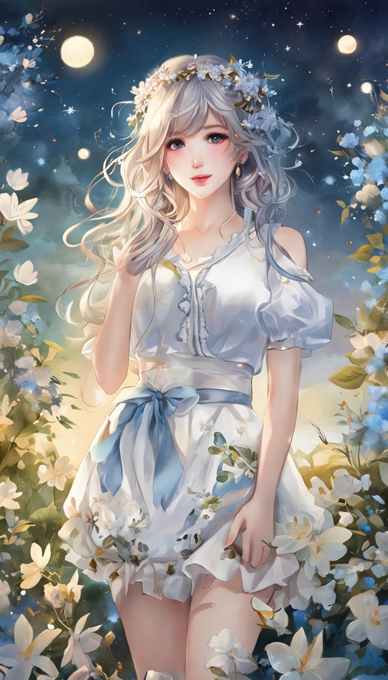 (best qualtiy，tmasterpiece), Beautiful  girl, Beautiful goddess, ((The shirt, short  skirt)), Beautiful hair accessories, Pear Flower Forest, Detailed scenes, the night, starrysky, cold light, (cyan colors, white colors), ((from below)), ((full body)), ((realistic))