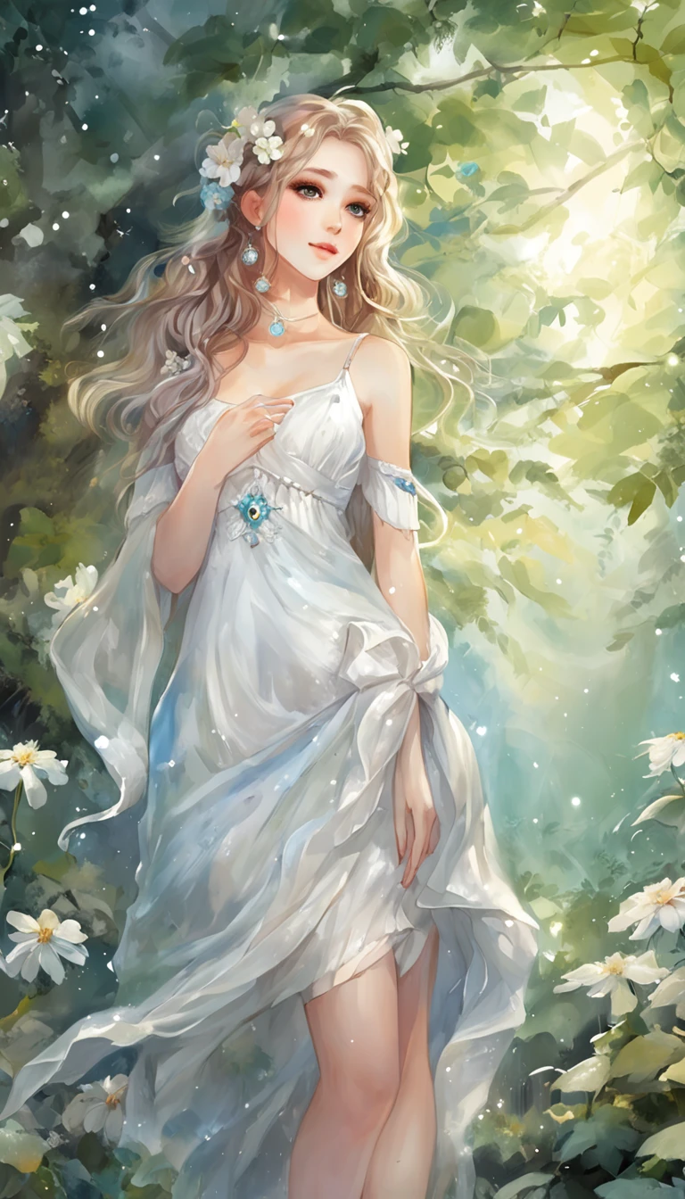 (best qualtiy，tmasterpiece), Beautiful teenage girl, Beautiful goddess, ((The shirt, short  skirt)), Beautiful hair accessories, Pear Flower Forest, Detailed scenes, the night, starrysky, cold light, (cyan colors, white colors), ((from below)), ((full body)), ((realistic))
