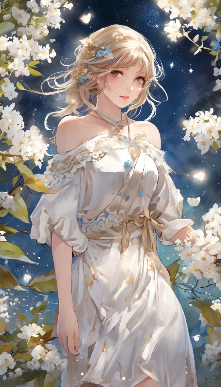 (best qualtiy,tmasterpiece), Beautiful girl, Beautiful goddess, ((The shirt, short skirt)), Beautiful hair accessories, Pear Flower Forest, Detailed scenes, the night, starrysky, cold light, (cyan colors, white colors), ((from below)), ((full body)), ((realistic))