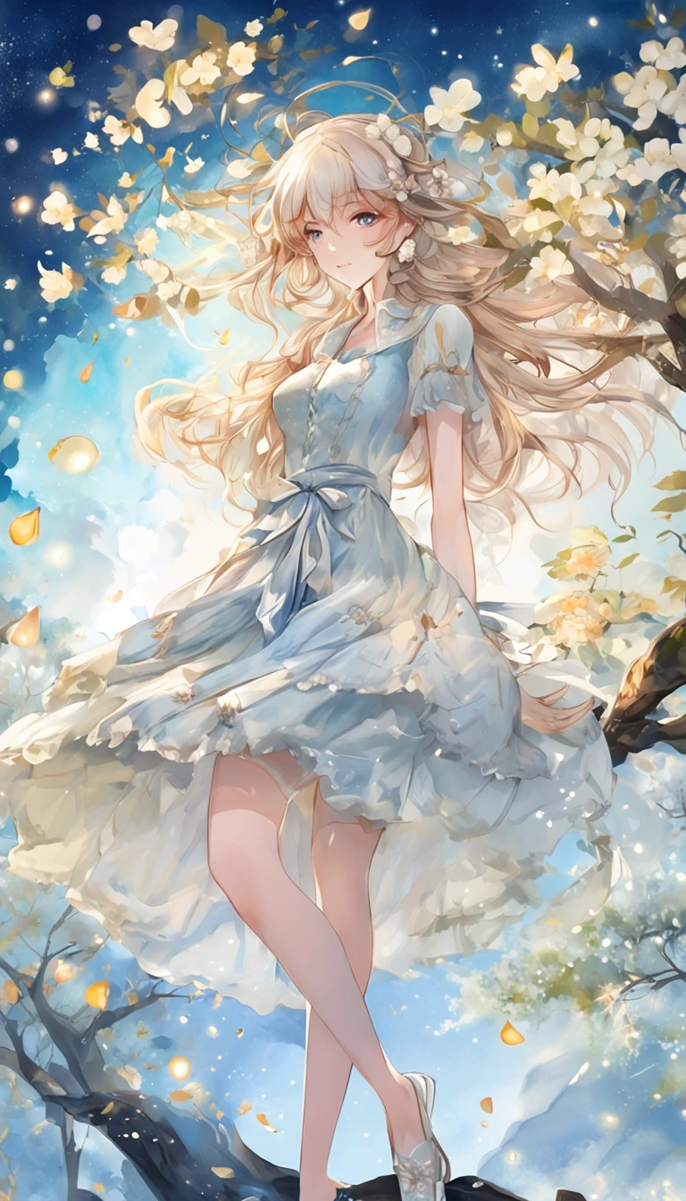 (best qualtiy,tmasterpiece), Beautiful girl, Beautiful goddess, ((The shirt, short skirt)), Beautiful hair accessories, Pear Flower Forest, Detailed scenes, the night, starrysky, cold light, (cyan colors, white colors), ((from below)), ((full body)), ((realistic))
