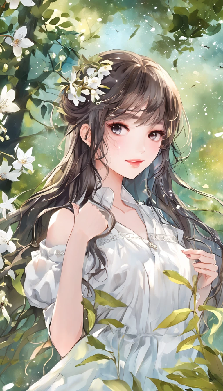 (best qualtiy,tmasterpiece), Beautiful teenage girl, Beautiful goddess, ((The shirt, short skirt)), Beautiful hair accessories, Pear Flower Forest, Detailed scenes, the night, starrysky, cold light, (cyan colors, white colors), ((from below)), ((full body)), ((realistic))