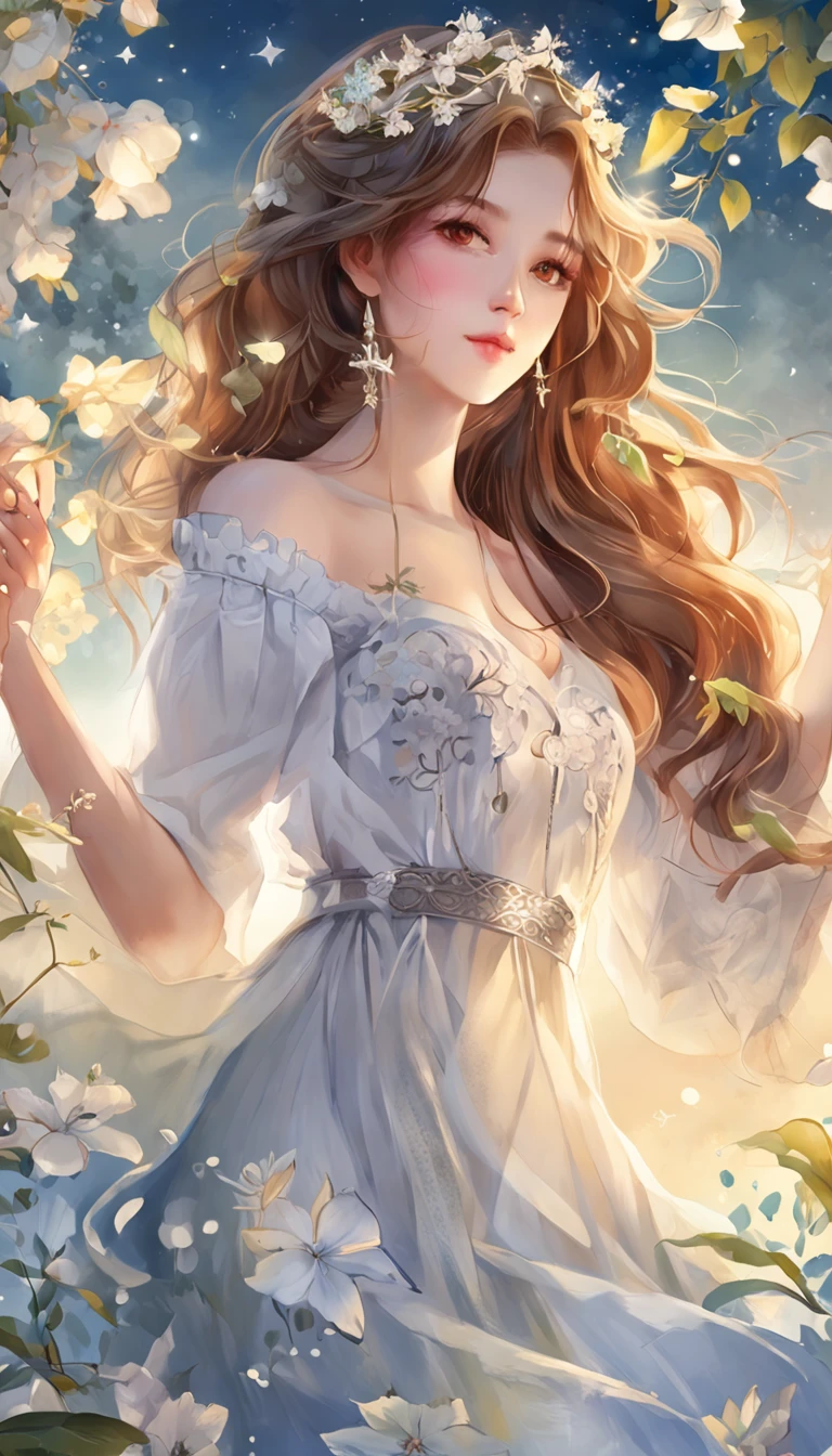 (best qualtiy,tmasterpiece), Beautiful girl, Beautiful goddess, ((The shirt, short skirt)), Beautiful hair accessories, Pear Flower Forest, Detailed scenes, the night, starrysky, cold light, (cyan colors, white colors), ((from below)), ((full body)), ((realistic))
