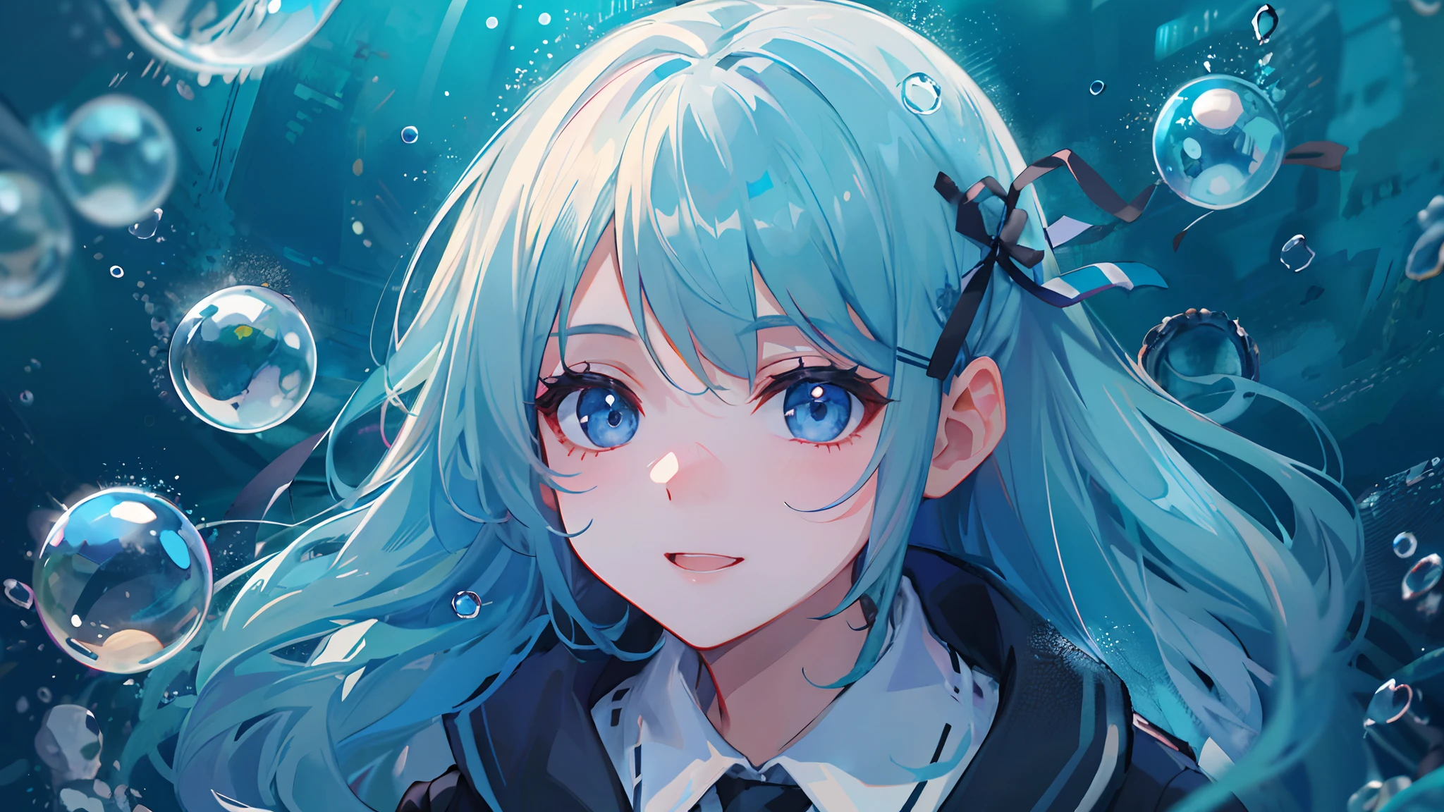 ((top-quality)), ((masterpiece)), ((ultra-detailliert)), (extremely delicate and beautiful), girl with, 独奏, cold attitude,((Black jacket)),She is very(relax)with the(Settled down)Looks,A dark-haired, depth of fields,evil smile,Bubble, under the water, Air bubble,bright light blue eyes,Inner color with light blue hair and dark blue tips,Cold background,Bob Hair - Linear Art, shortpants、knee high socks、White uniform like school uniform、Light blue ribbon ties、Clothes are sheer、Hands in pockets