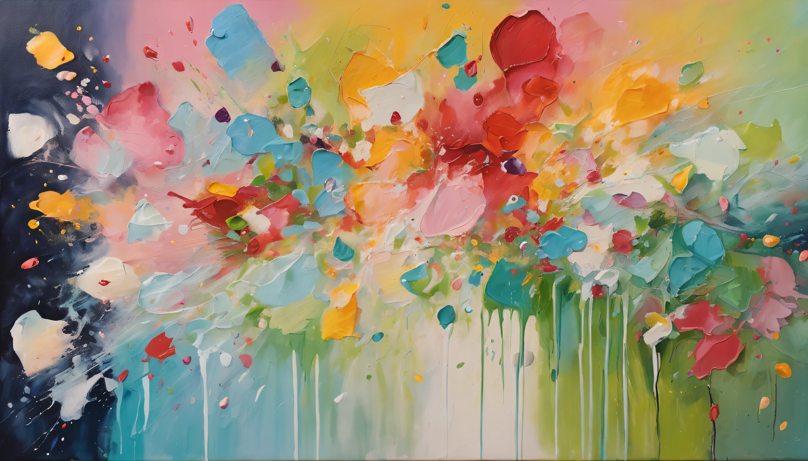A kawaii girl is pouring a cocktail with a flourish, petals of blue and green cascading around her as she creates a dazzling display.