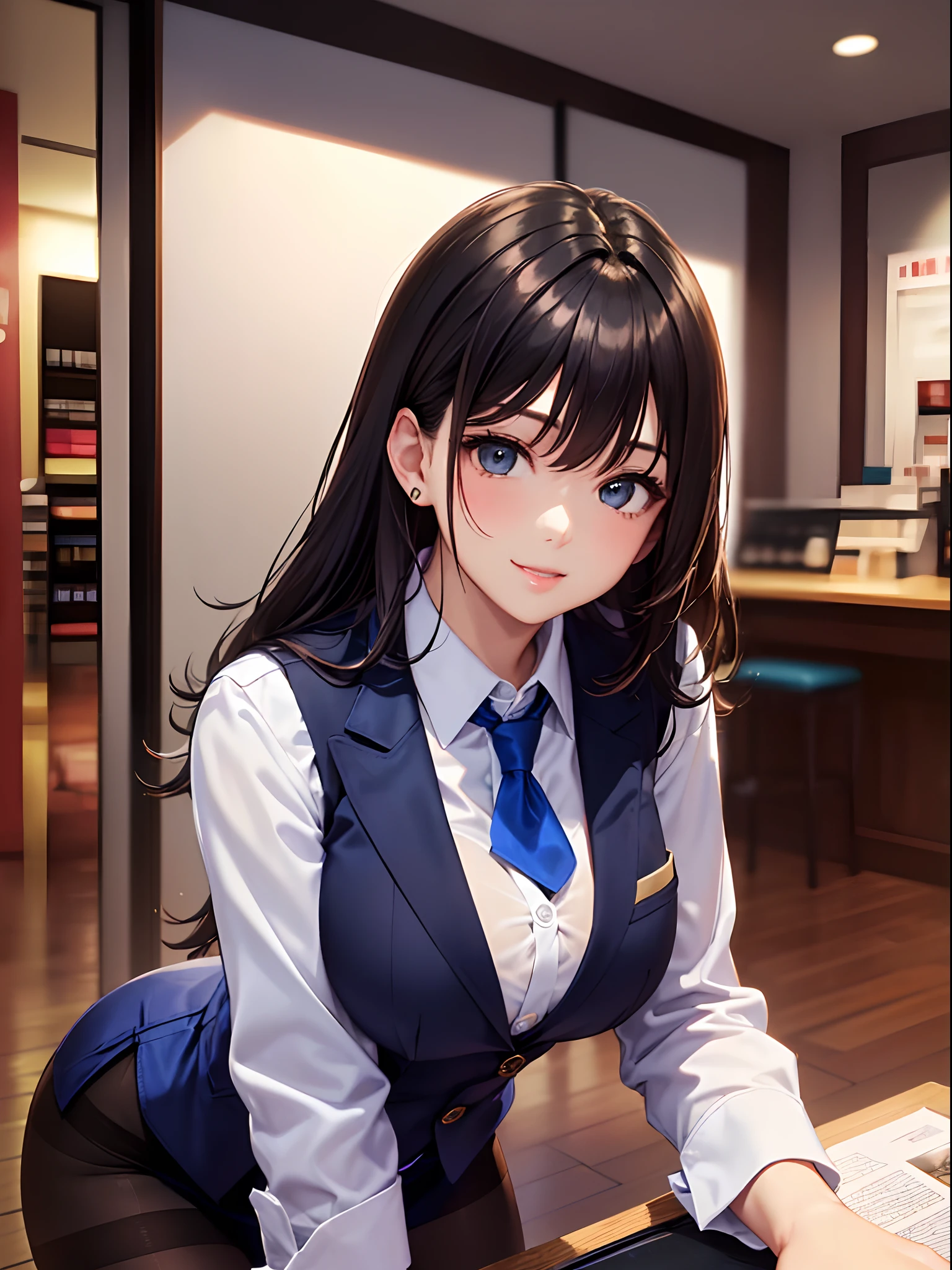 (top-quality: 1.3), (masterpiece: 1.3), (The ultra-detailliert: 1.3), (wall-paper, one girls: 1.1)、(Detailed hands and fingers:1.2)、(Detailed ultra-oily shiny skin:1.1)、oily shiny thighhigh、receptionist、White shirt with collar and buttons、(Beautiful dark blue suit vest:1.4)、(Dark blue tight skirt:1.4)、(Black pantyhose:1.3)、Brown hair、ssmile、(Beautiful Large Breasts:1.3)、straight haired、Beautiful sister、sexypose、department store、Service Counter、all-fours