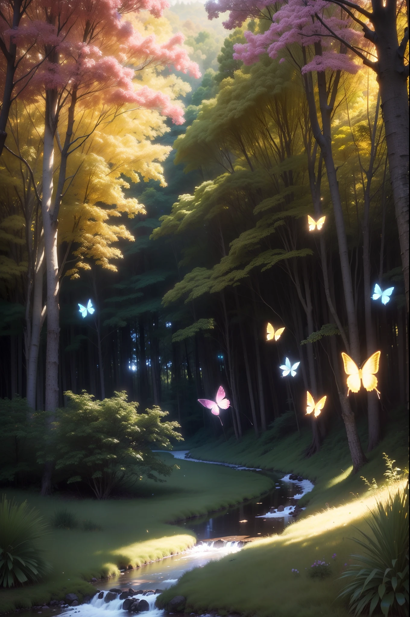 8k, Ultra Resolution, (((foto realista))), (((foto realista))), (((bosque encantado))), bosque encantado, hadas, mariposas, sparks, iluminacion vibrante, colores vivos, colores vibrantes, colores encendidos, fantasi, fantasy