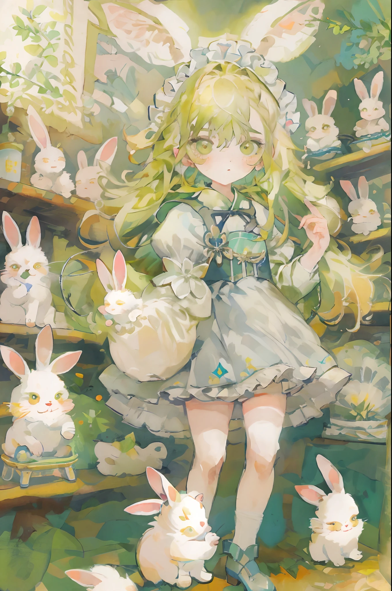 ​masterpiece, top-quality，She transforms into the image of a bunny girl，The illustration presents a very detailed cover art effect。The scene is depicted very delicately。She is dressed in a role-play costume in a maid costume，The whole gives a sense of innocence,This illustration creates a naïve scene，Featuring the image of a bunny girl,Embarrassing face,cheeks are reddened,wonderment,be shy,1 girl in,独奏,softlighting，softfocus，blurry image，high lighting，Low contrast，The overall feel is like an oil painting,Yellow-green hair,yellow-green eyes,Medium Hair,is standing,a closeup,Twin-tailed,10 year old girl,Young features