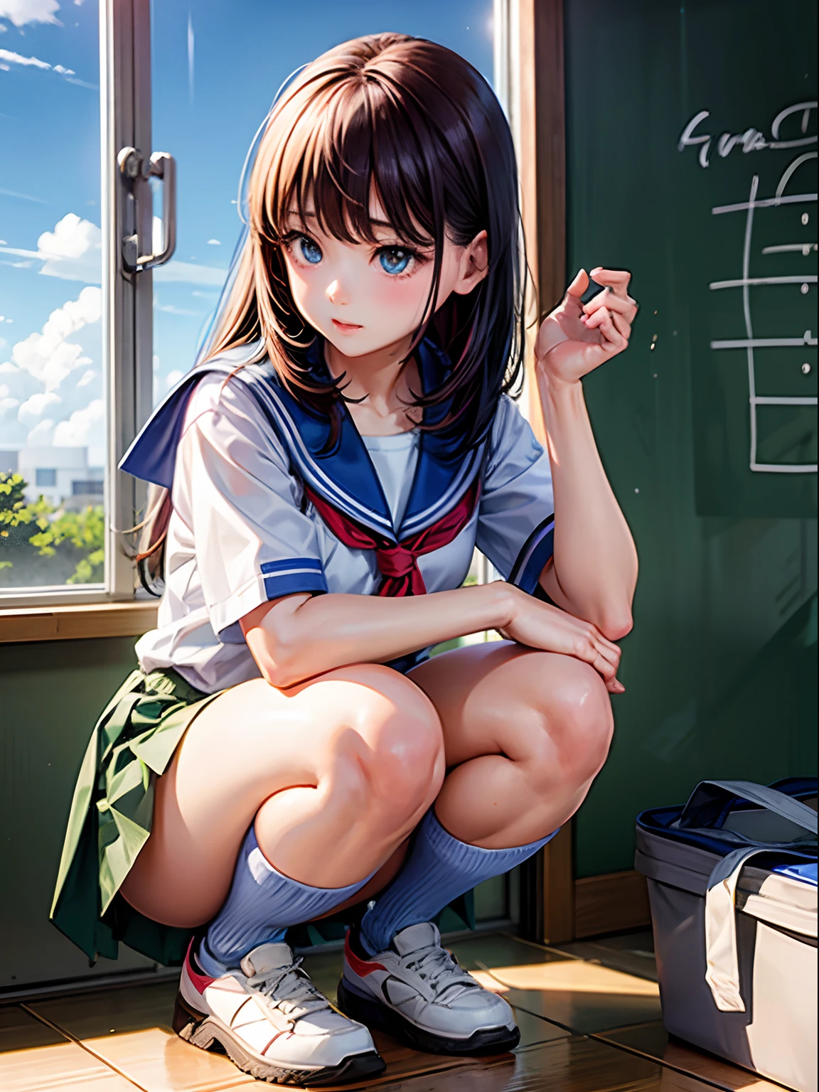 top-quality, Girl squatting and peeing in school classroom、