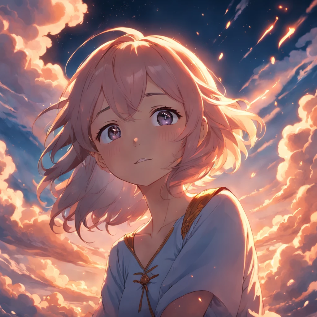 masterpiece, best quality, movie still, 1girl, cloud girl, floating in the sky, close-up, bright, happy, warm soft lighting, sunset, (sparks:0.7)