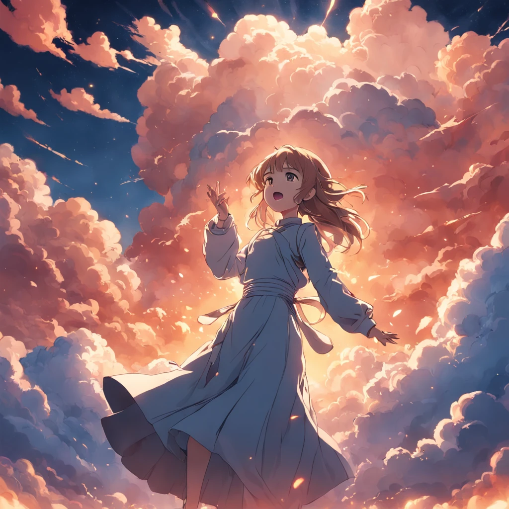 masterpiece, best quality, movie still, 1girl, cloud girl, floating in the sky, close-up, bright, happy, warm soft lighting, sunset, (sparks:0.7)