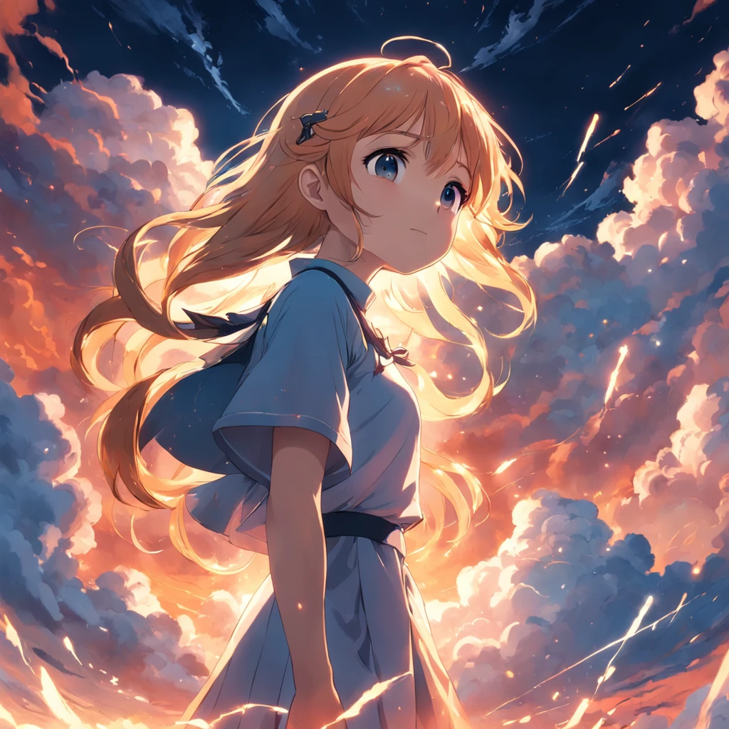masterpiece, best quality, movie still, 1girl, cloud girl, floating in the sky, close-up, bright, happy, warm soft lighting, sunset, (sparks:0.7)