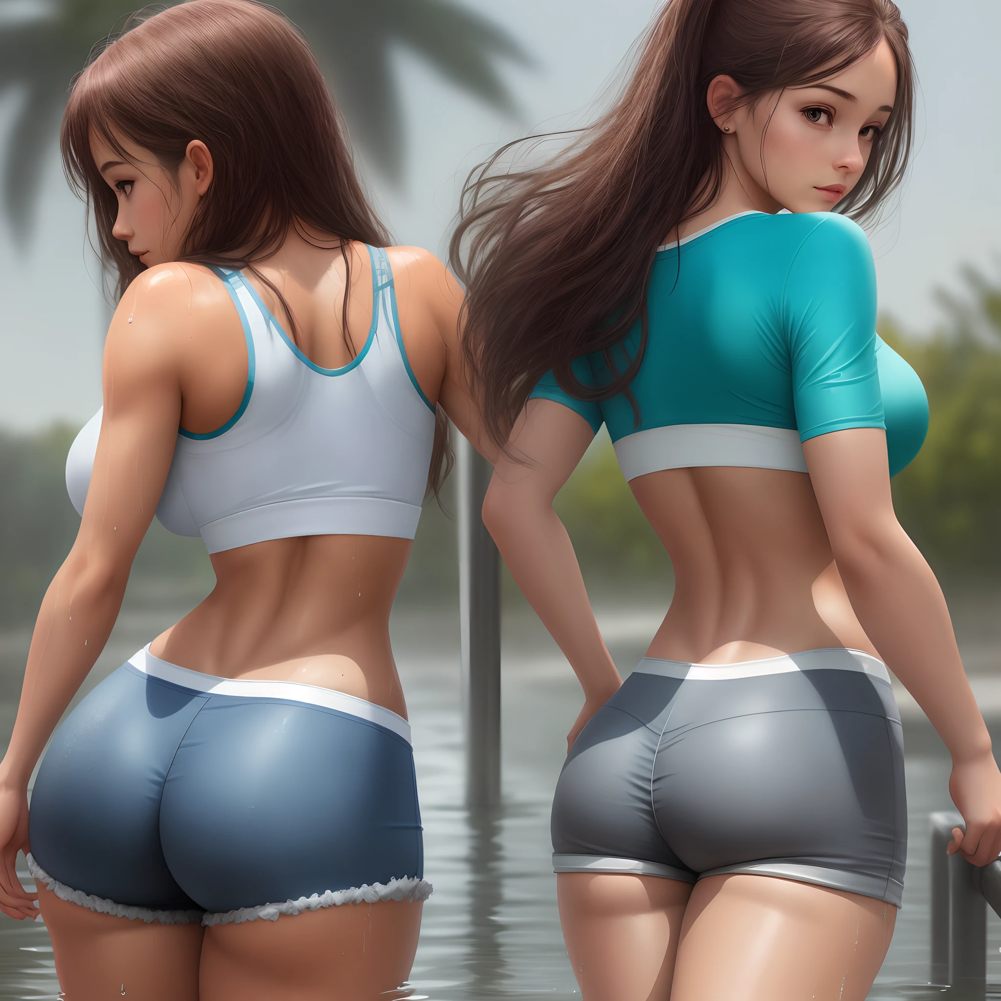 Girl in tight clothes hips turn back shorts realistic wet