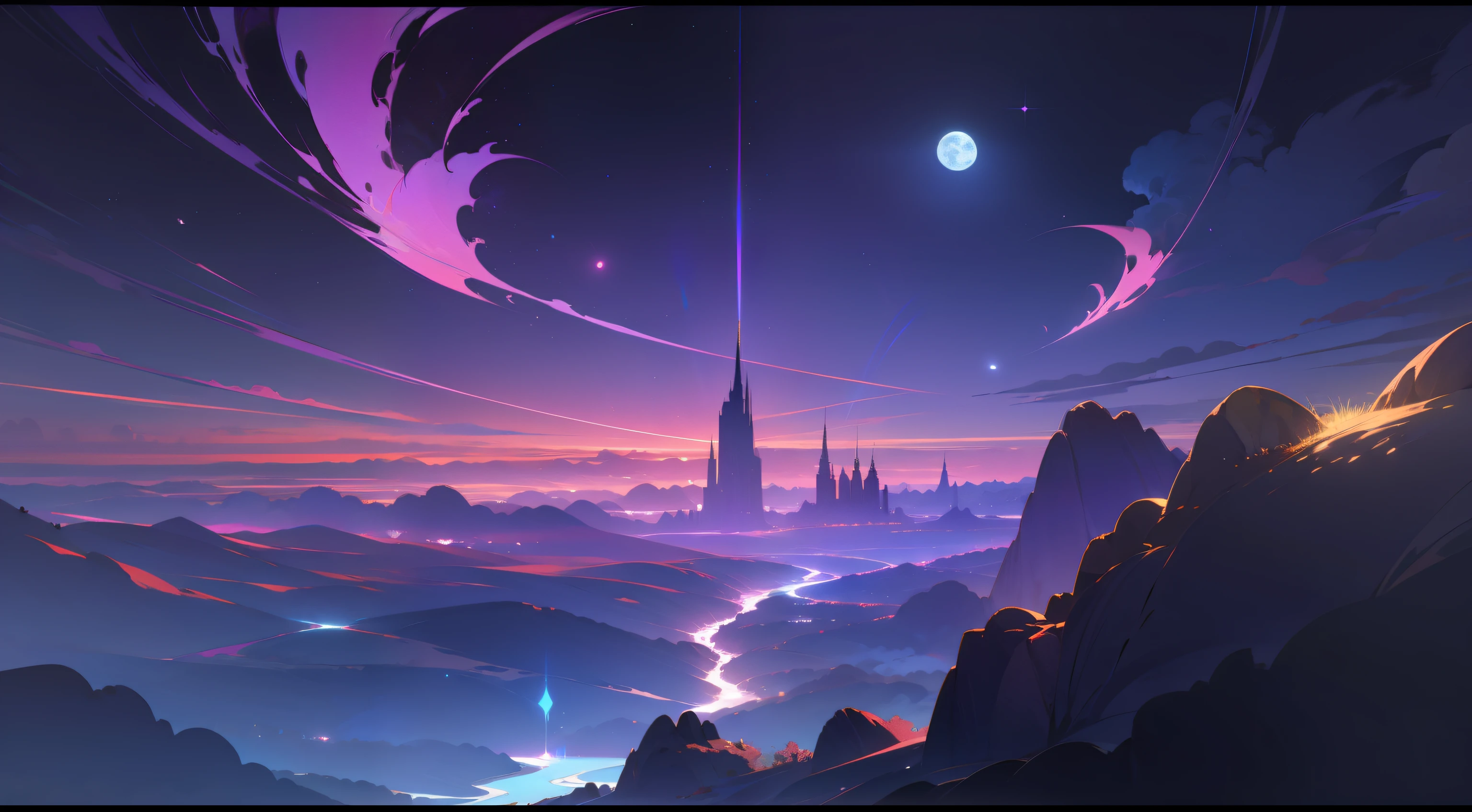 Expansive landscape photograph,(POV from below,Above is the sky,Below is an open building),(moon full:1.2),(Meteor:0.9),(Starcloud:1.3),(Warm light source:1.2),(glowworm:1.2),lamp lights,Lots of purple and blue,Complicated details,Volumetric lighting BREAK(masterpaintings:1.2),(optimal quality),4K,superdetailed,(dynamic compositions:1.4),with rich details,rich colour,(Iridescence color:1.2),(glowing with,Atmospheric lighting),Dreamlike,magical,(独奏:1.2)
