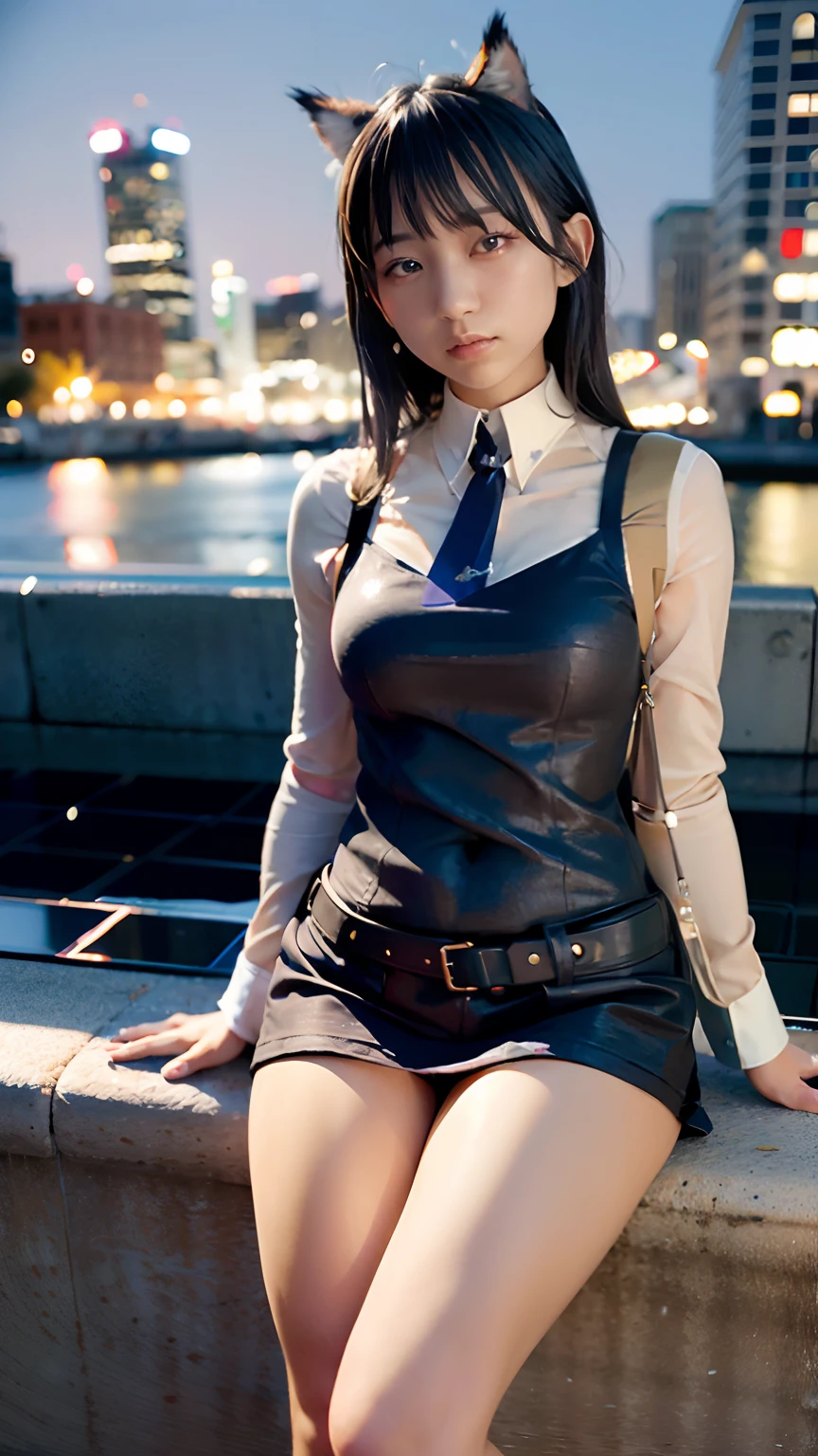 bob cuts、Blunt bangs、Photorealsitic, hight resolution, Korea person, small moles under eyes,(8K, RAW Photos, top-quality, masterpiece:1.1), (realisitic, Realistic), Omatosa,女の子 1 人,arknights,cute little,A city scape, natta, Sateen, Wet, A city scape, Huza、all-fours、yes、 A dark-haired, I took off my clothes,Bare_shoulders, a blue skirt,Black stockings, professionally lit, Photon mapping, Radio City, physically-based renderingt,