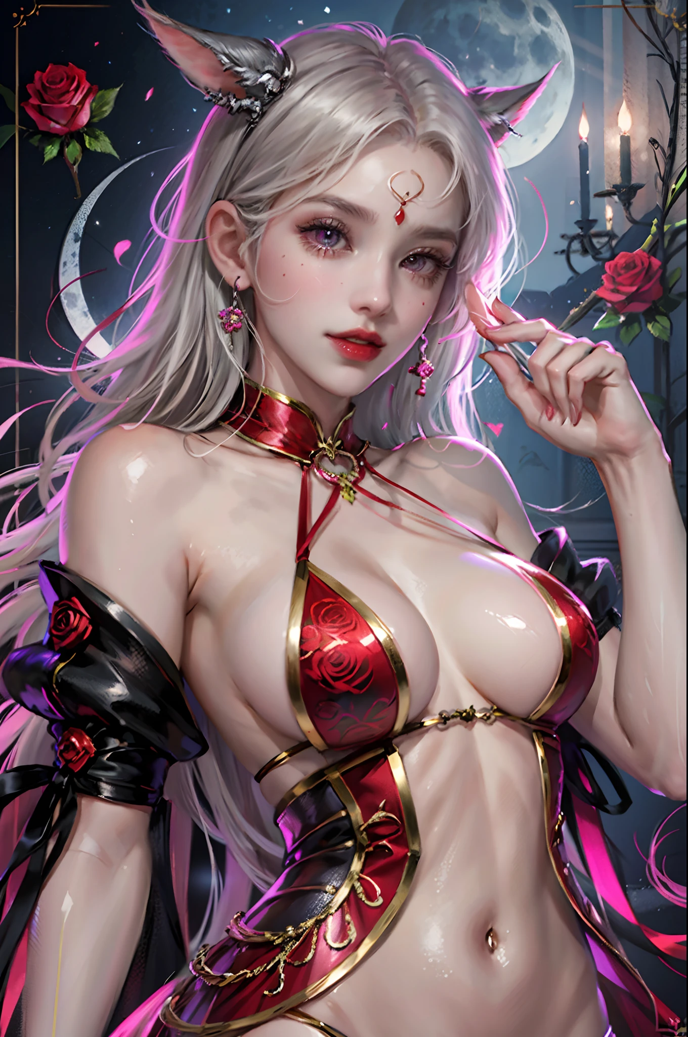 1women, ibaraki kasenx, tabard, naked tabard, sideboob, pink rose, floral pattern, delicate face, deep pink eyes, light smile, mature female, large breasts, moonlit sky