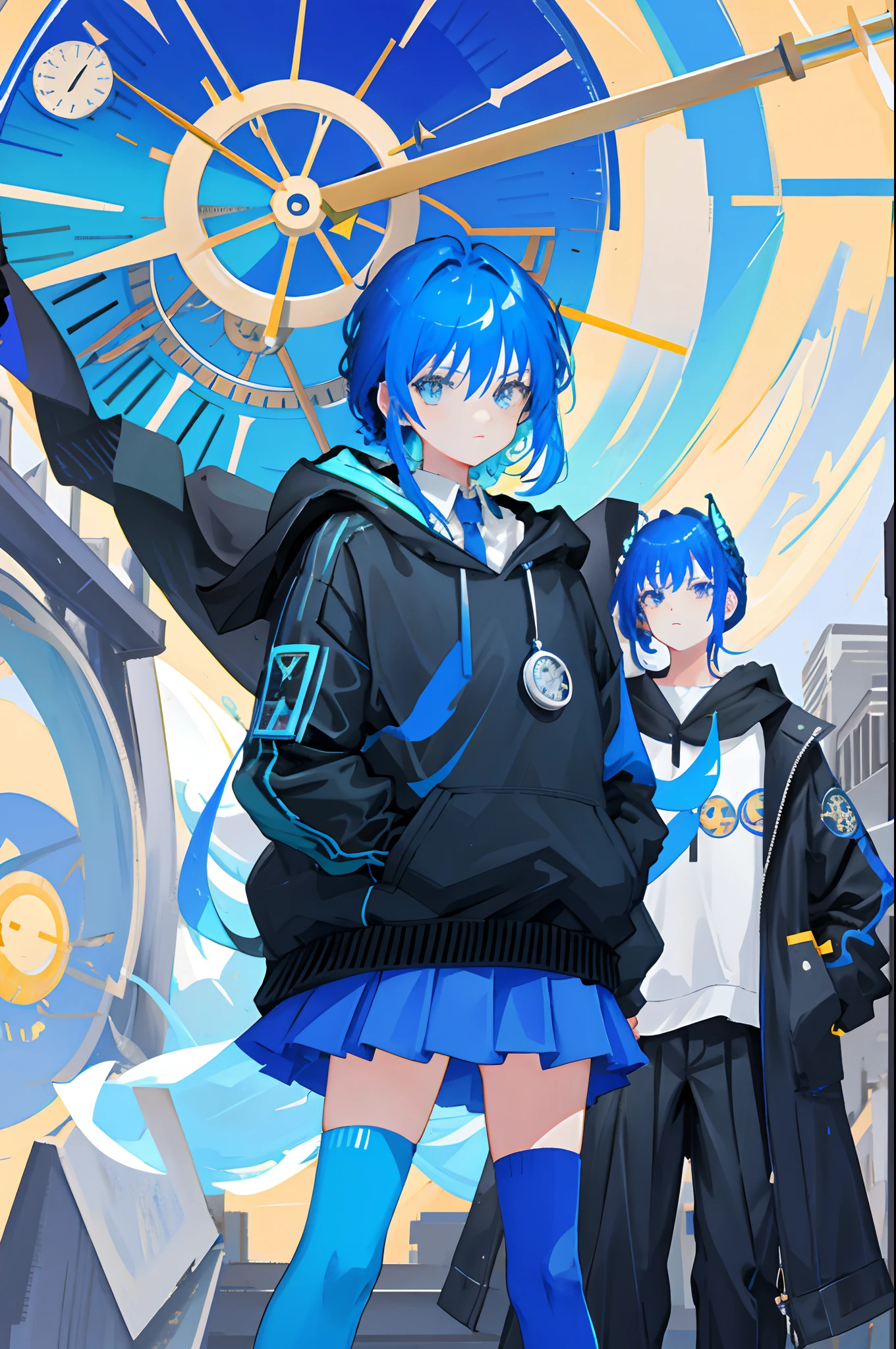 Under the moon, High cold girl, Blue hair, Butterfly, frontage, clock,Classic clothes,Horological elements,two tone color hair