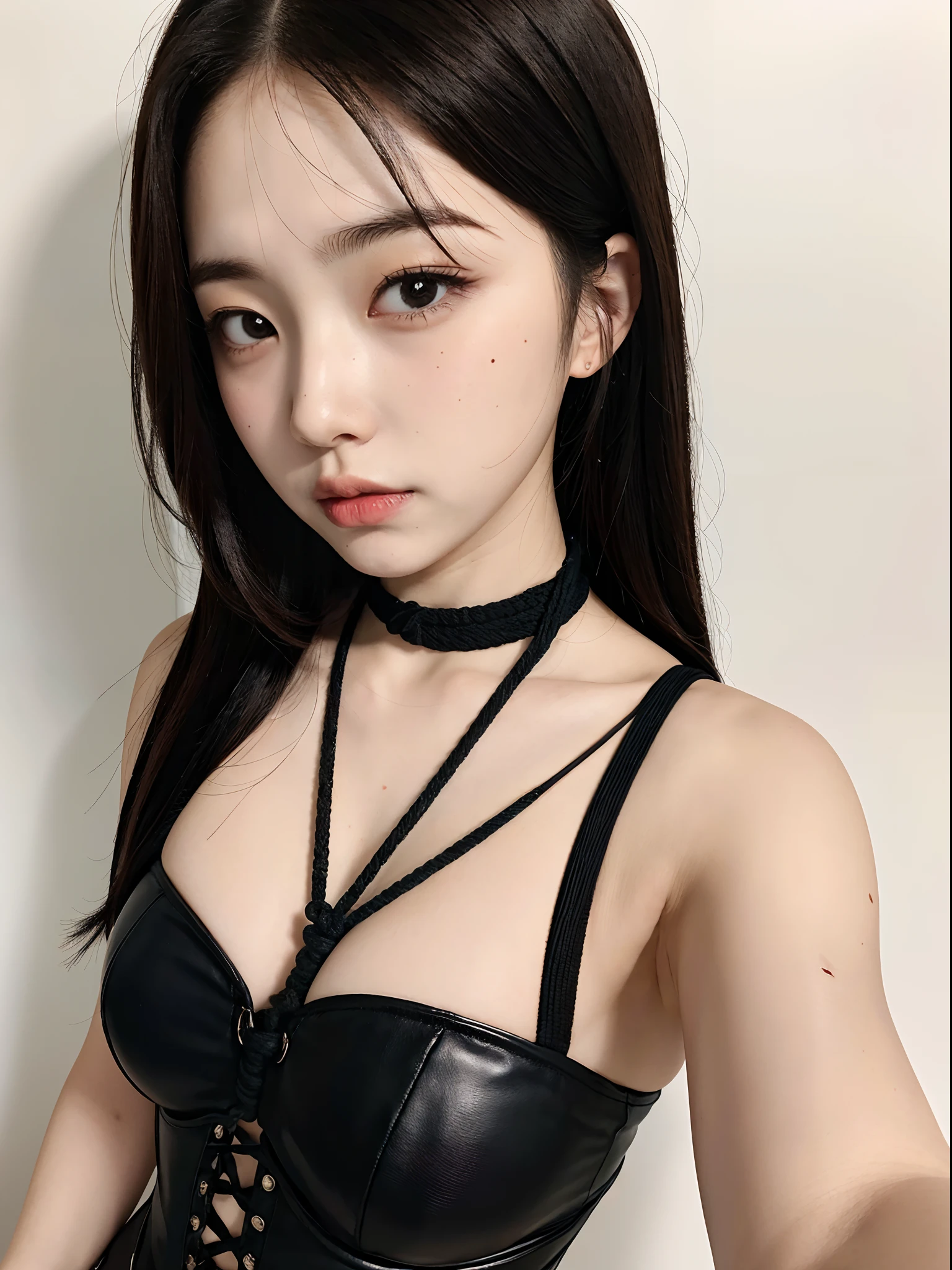 Top image quality, 8K, masutepiece, studio shoot, White background, Japan Girl(), kawaii, 二重まぶた, thick eyebrow, 1 small mole next to the mouth, Upper body portrait, From above, ,BDSM,Slave,Black corset,shackle、pantiy,Woman tied with rope,Cuffed,BDSM,bind,Put your arms behind your back,srestrained, Hairstyle Random,