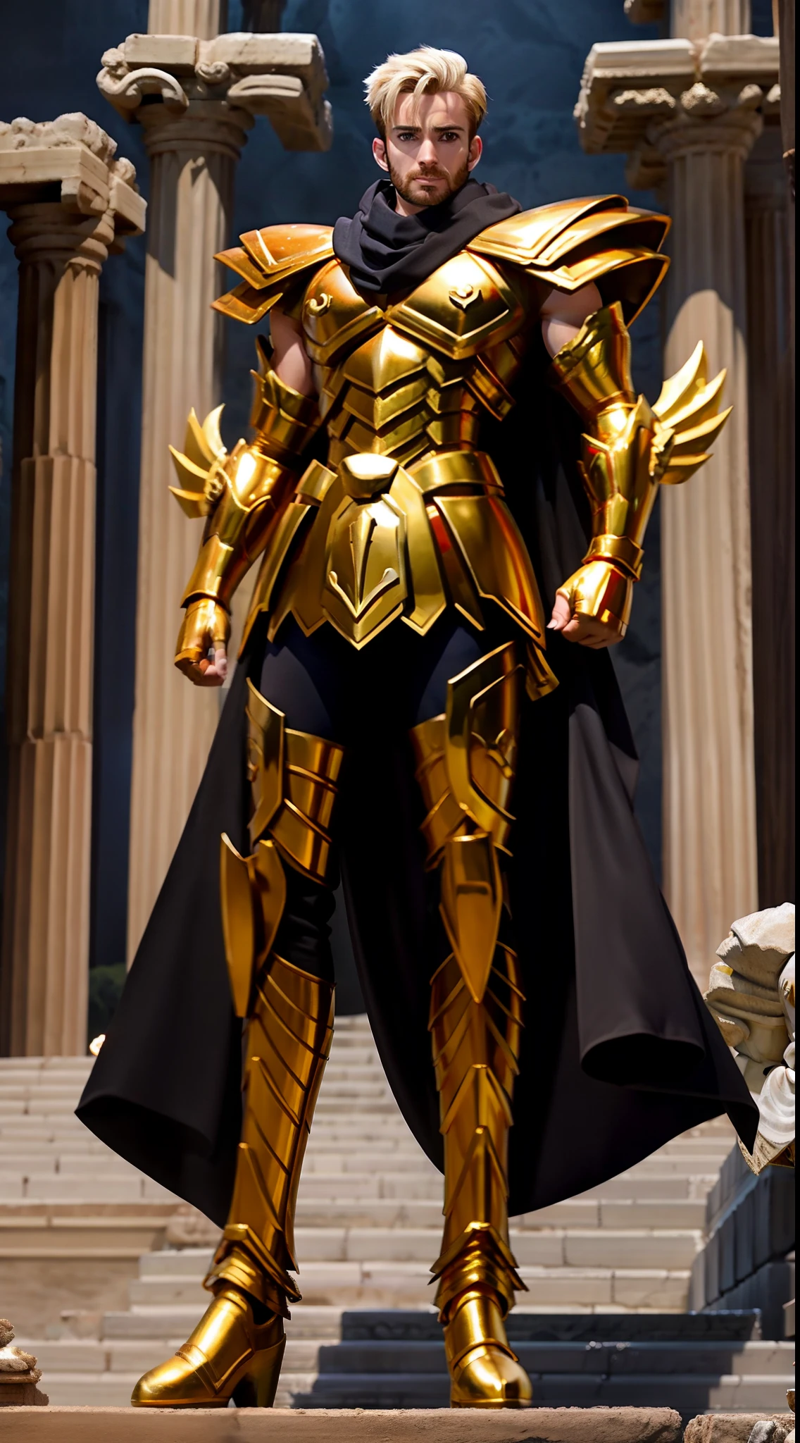 masterpiece, best quality, masterpiece, detailed face, detailed eyes, full body,  Chris Evans wearing golden armor, black scarf, Atlantis  greek temple ruins, fight pose, red atack