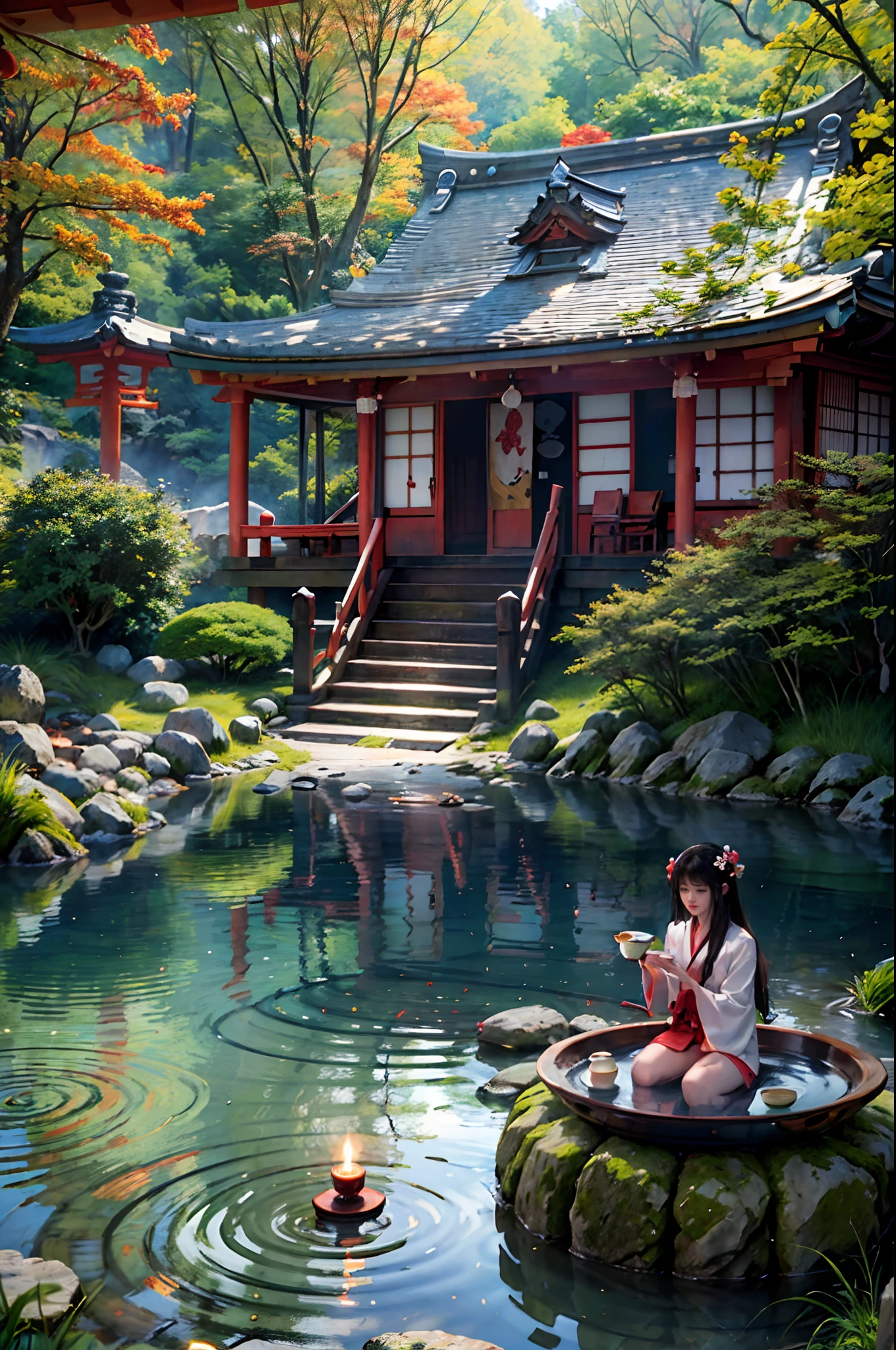 (masterpiece:1.5), (best quality:1.5), (original), (very detailed wallpaper), (high-resolution, very detailed CG, complex details: 1.2), (very detailed background:1.5), high-definition, 8k wallpaper, intense shadows, (photo realistic:1.4), realistic,
(Japanese Shrine:1.3), beautiful detailed water, landscape, trees,grass,flowers,pond,Japanese witch costume, living room,1girl, (miko:1.2),  (slim:1.1), solo, long hair, barefoot,looking at viewer, expressionless, full body,dappled sunlight, day,  small breasts, hair_flower, (drinking tea:1.3), japanese tea table,  japanese teacup, (tea ceremony:1.3), (incense:1.3),smoke