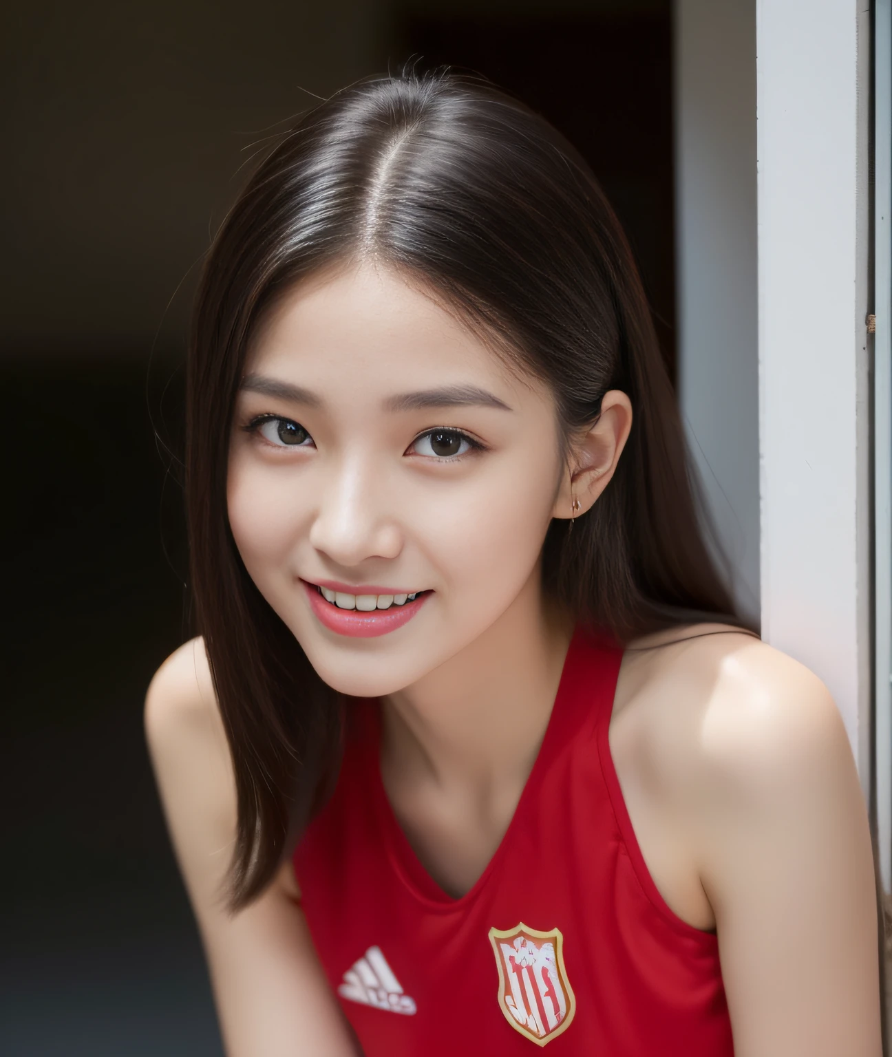 ((Best Quality, 8K, Masterpiece: 1.3)), a beauti, In addition, melon face, Friendly and cute, sweet smile, Pure desire, Slender body, (s whole body), (tilted head), ((looking at camera)), Medium Black Silky Straight Hair, Long flowing shoulders, round black big eyes, clear big eyes, moist red lips, Football stadium, ((full body shooting)), (Football Jerseys), (Middle breast),