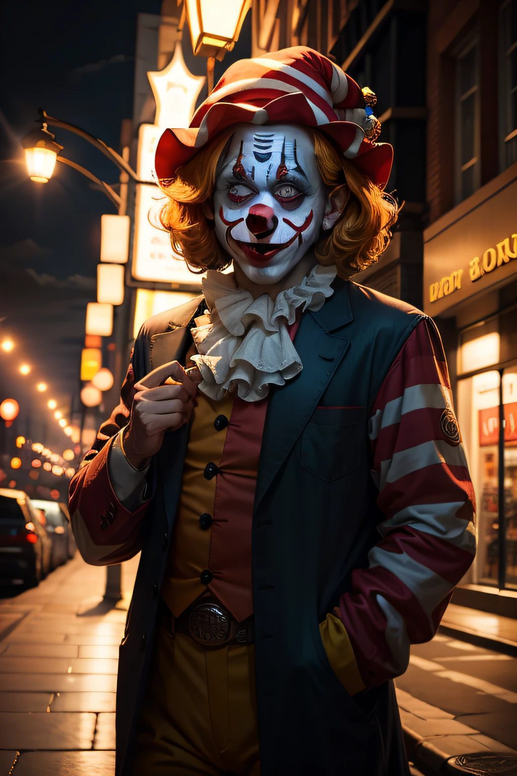 Highest quality clown in the shadow of street lamps