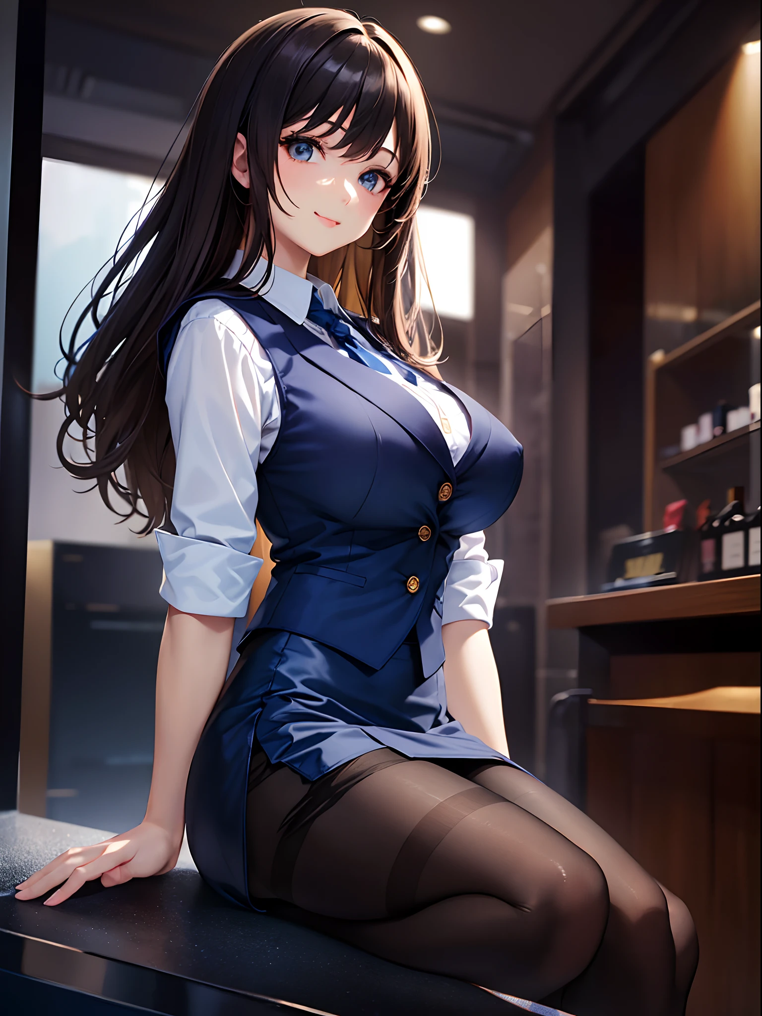 (top-quality: 1.3), (masterpiece: 1.3), (The ultra-detailliert: 1.3), (wall-paper, one girls: 1.1)、(Detailed hands and fingers:1.2)、(Detailed ultra-oily shiny skin:1.1)、oily shiny thighhigh、receptionist、White shirt with collar and buttons、(Beautiful dark blue suit vest:1.4)、(Dark blue tight skirt:1.4)、(Black pantyhose:1.3)、Brown hair、ssmile、(Beautiful Large Breasts:1.3)、straight haired、Beautiful sister、sexypose、department store、Service Counter、Kneeling