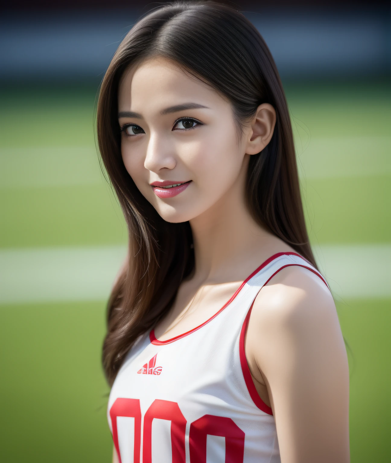 ((Best Quality, 8K, Masterpiece: 1.3)), a beauti, In addition, melon face, Friendly and cute, sweet smile, Pure desire, Slender body, (s whole body), (tilted head), ((looking at camera)), Medium Black Silky Straight Hair, Long flowing shoulders, round black big eyes, clear big eyes, moist red lips, Football stadium, ((full body shooting)), (Football Jerseys), (Middle breast),