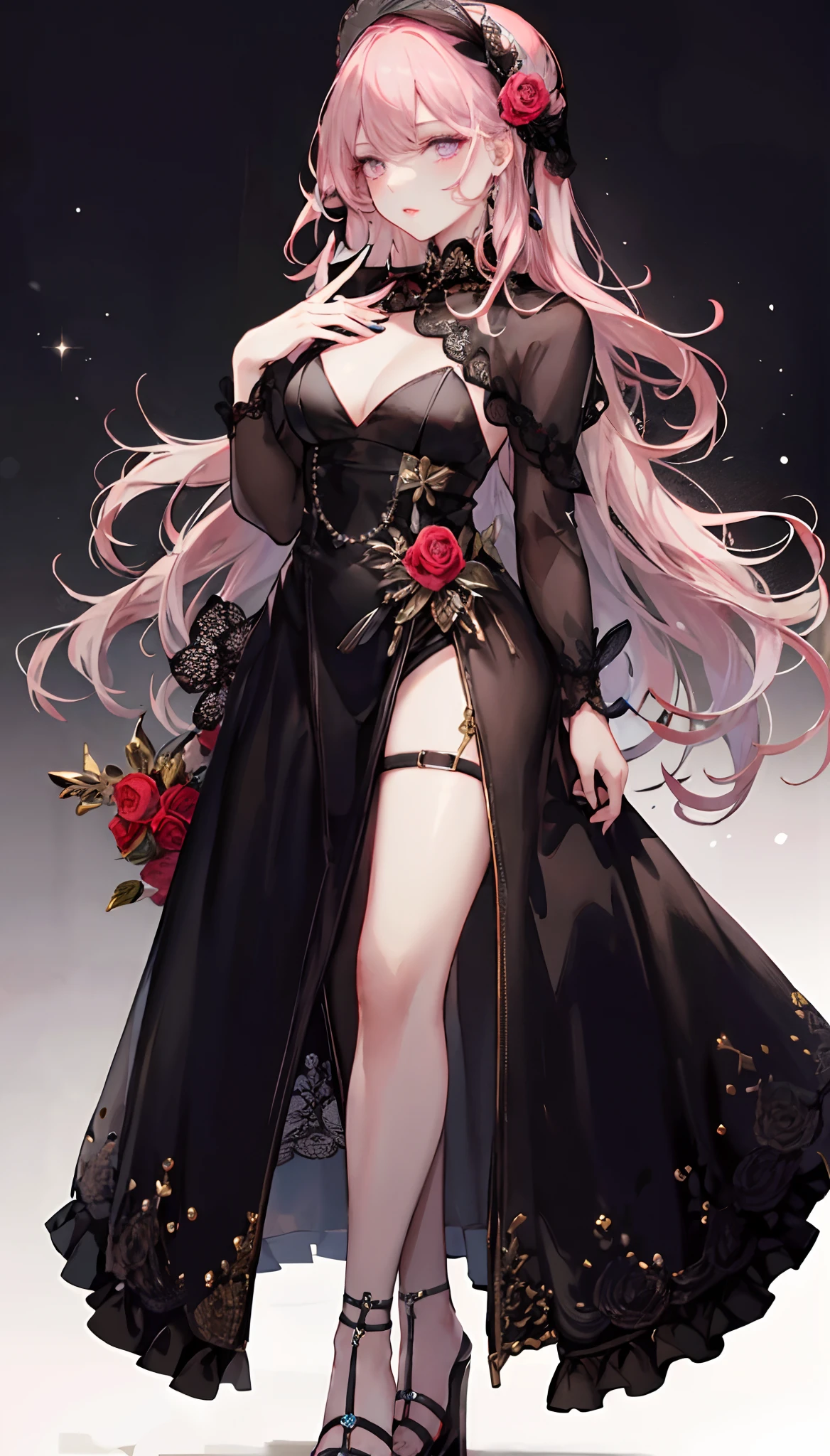Complete body,1 noblewoman,a matural female,Black dress long dress,(Black stockings beautiful legs+),heeled sandals,blackstockings,Pink White Long Hair,Prom background, Perfect body, s the perfect face, perfect hand, Perfect Finger, Perfect lips, perfect eyes, Perfect background