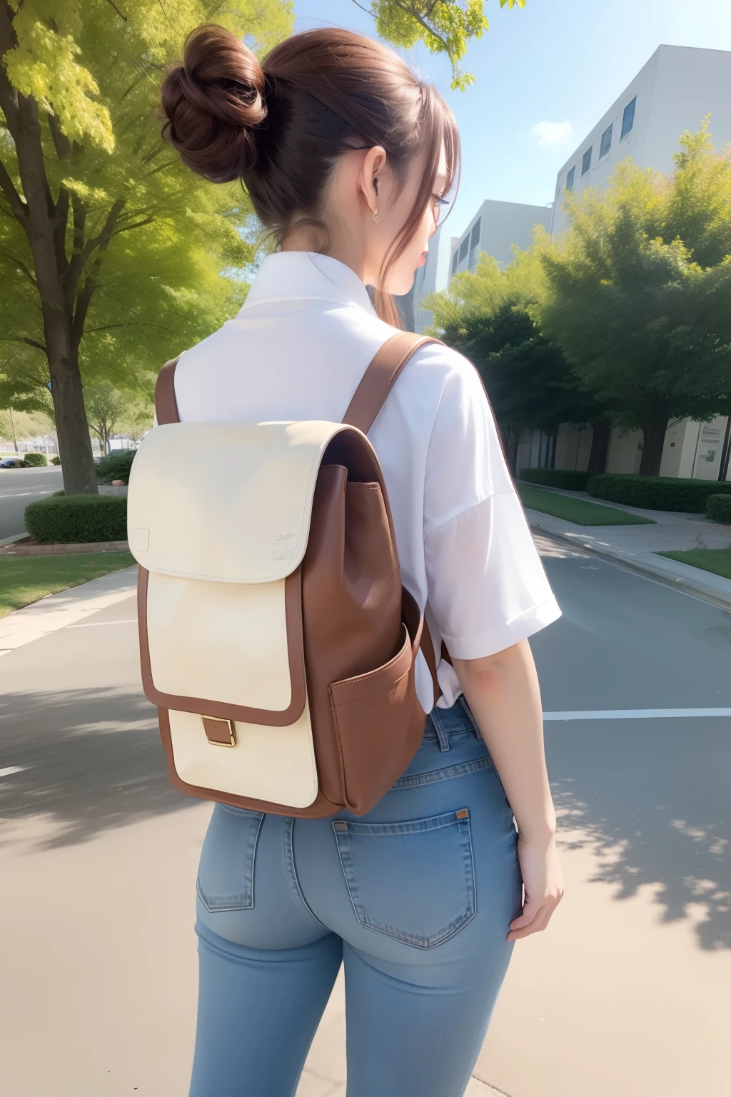 masterpiece,hd, realistic, 1girl, brown hair, ponytail, wear white shirt, wear denim pants, wear backpack, standing, fullbody, outdoor, park