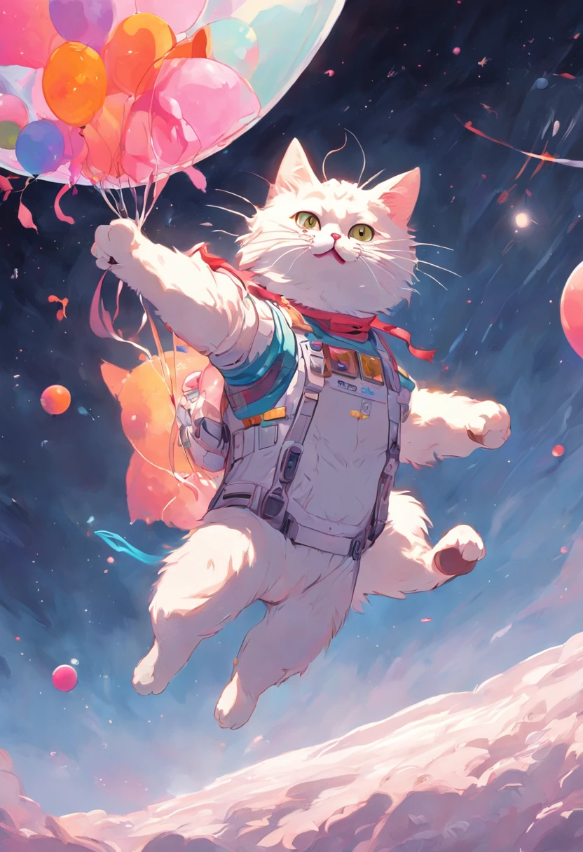 hyper detailed cat astronaut holding a balloon, flying through outter space with planets in the back ground happy, joyful, floating in outer space, 3d, 8k, pop art effect, brilliant detail, full body in frame, centered on canvas, fun,  cat is holding a balloon and floating away
