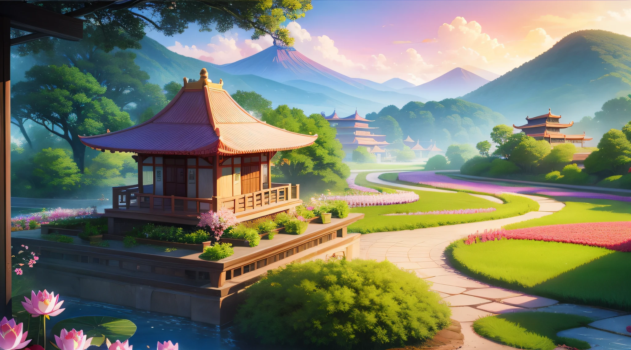 Overflowing, Close-Up Of Building With Pink Lotus Garden In Full Bloom, Beautiful Peaceful Landscape, Great Temple Of Flowers, Temple Background, Background Art, Far Mountain Edge, Sunset, Beautiful Animated Landscape, Most Beautiful Landscape, Beautiful Scene, Lotus Pond, Magnificent Background, Landscape, Beautiful Rendering Of Tang Dynasty, Very Beautiful Landscape, Bliss landscape, colorful movie background, fantasia, red purple world, 64k, realistic, vivid, shinkai style