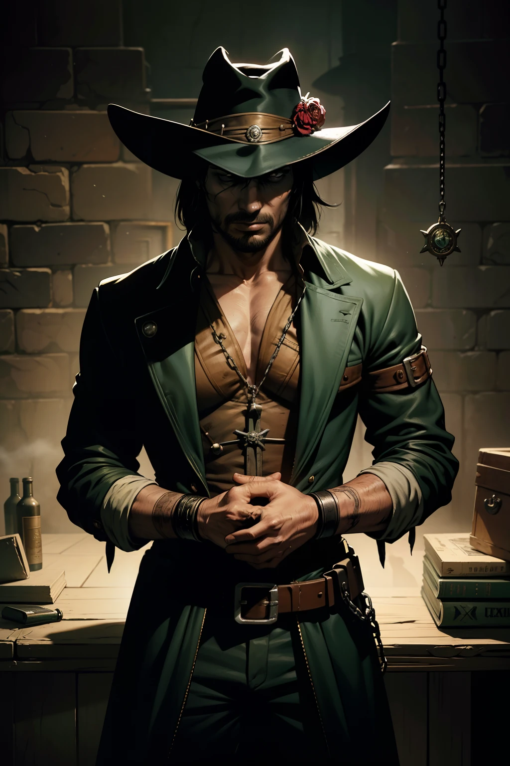 pintura de um homem, olhos abertos, olhos verdes esmeralda, olhos detalhados Escuro, chains on the wrists, handcuffed on hands, prison background, cinematic prison cell, preso,o realista Solomon Kane, as a solomon kane, portrait of a bloodborne hunter, Tim Bradstreet, Arte Sangrenta, oeste estranho, Jessé McCree, Directed by: Hiroyuki Tajima, terras mortas, Pistoleiro, Fazer software, Directed by: Yoshihiko Wada, Leiji Matsumoto, Estilo de arte Red Dead Redemption