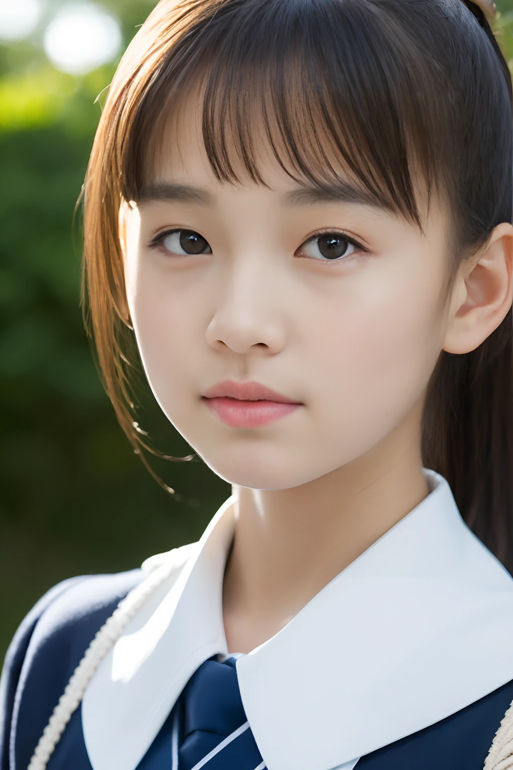 Lens 135mm f1.8,(Best Quality),(8K High Quality Masterpiece:1.1), (Beautiful 14 year old Japan girl), cute face, (Look at another one),
(close-up:1.4), Short ponytail,
Dappled sunlight, Dramatic Lighting, (Japan school uniform), (in a school),