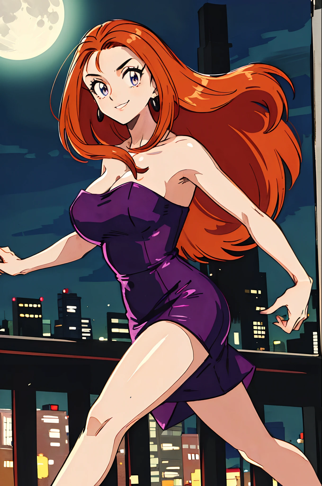 ((masterpiece, best quality;1.3)), ultra detailed, detailed background, smile,orange hair,
detalied eyes, ultra detailed eyes,  large breast,  purple bodycon dress, running, long hair, tube_dress, strapless_dress,
young hand, mikm, night, city, shinjuku,  full moon,