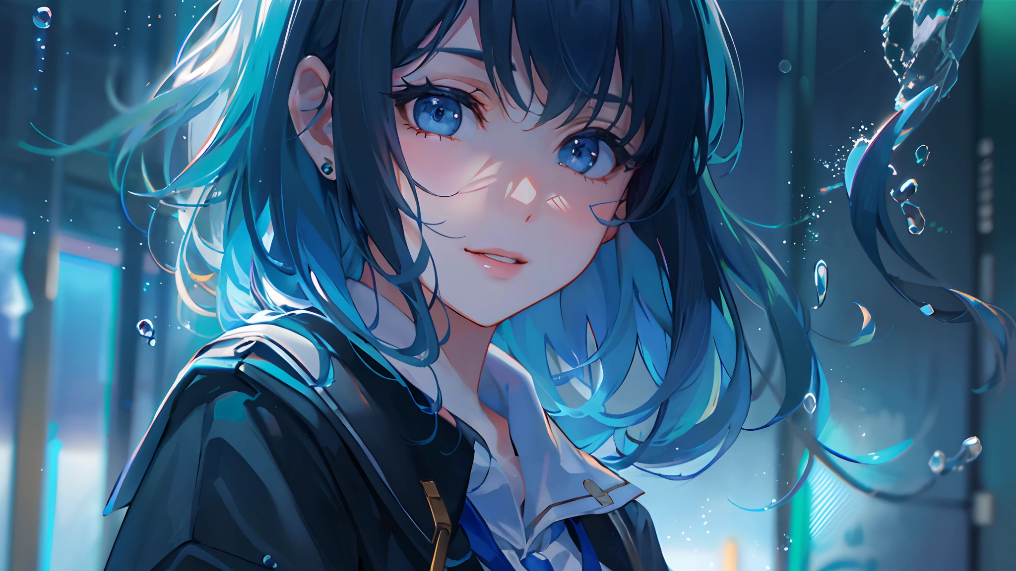 ((top-quality)), ((masterpiece)), ((ultra-detailliert)), (extremely delicate and beautiful), girl with, 独奏, cold attitude,((Black jacket)),She is very(relax)with the(Settled down)Looks,A dark-haired, depth of fields,evil smile,Bubble, under the water, Air bubble,bright light blue eyes,Inner color with light blue hair and dark blue tips,Cold background,Bob Hair - Linear Art, shortpants、knee high socks、White uniform like school uniform、Light blue ribbon ties、Clothes are sheer、Hands in pockets