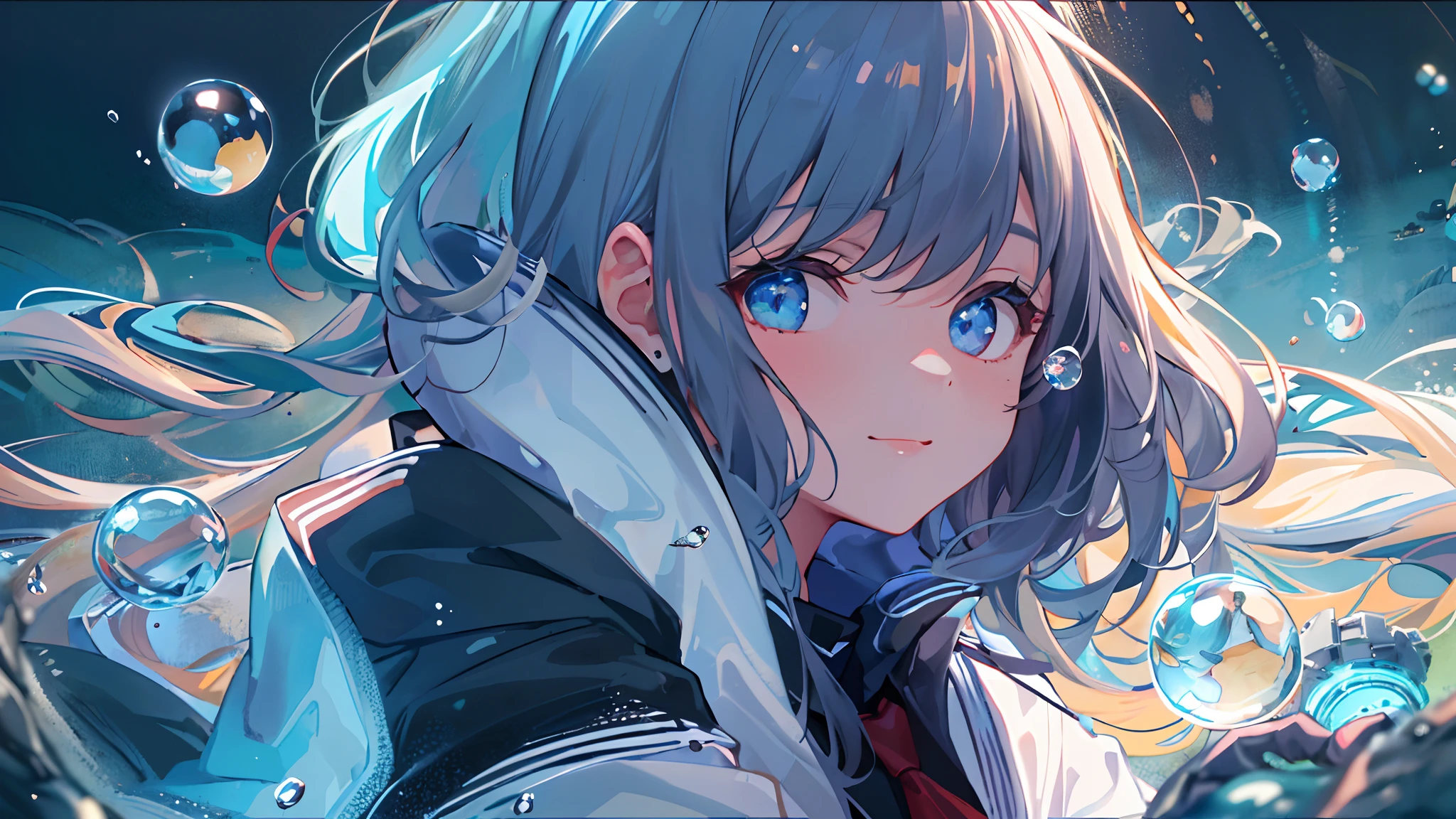 ((top-quality)), ((masterpiece)), ((ultra-detailliert)), (extremely delicate and beautiful), girl with, 独奏, cold attitude,((Black jacket)),She is very(relax)with the(Settled down)Looks,A dark-haired, depth of fields,evil smile,Bubble, under the water, Air bubble,bright light blue eyes,Inner color with light blue hair and dark blue tips,Cold background,Bob Hair - Linear Art, shortpants、knee high socks、White uniform like school uniform、Light blue ribbon ties、Clothes are sheer、Hands in pockets