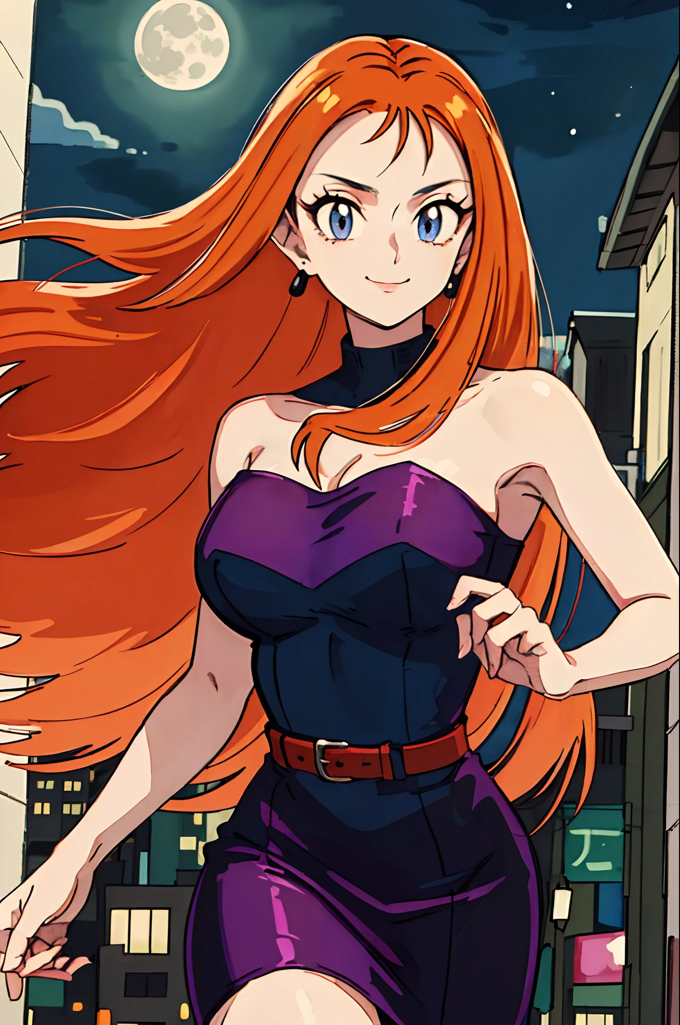 ((masterpiece, best quality;1.3)), ultra detailed, detailed background, smile,orange hair,
detalied eyes, ultra detailed eyes,  large breast,  purple bodycon dress, running, long hair, tube_dress, strapless_dress,
young hand, mikm, night, city, shinjuku,  full moon,