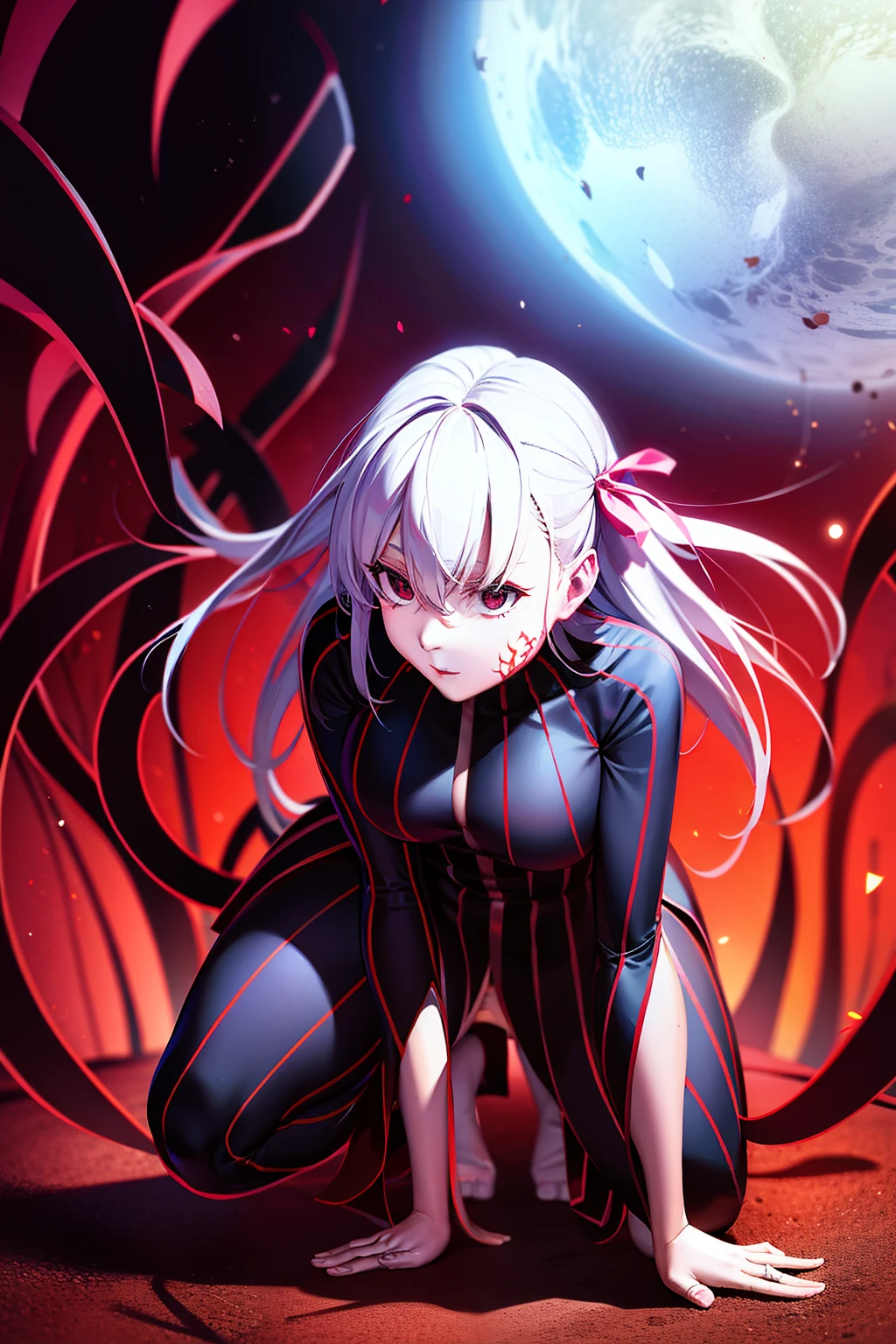 Black full body suit　Red lines all over the body　3 year old girl　seductiv　a smile　succubus　turned around