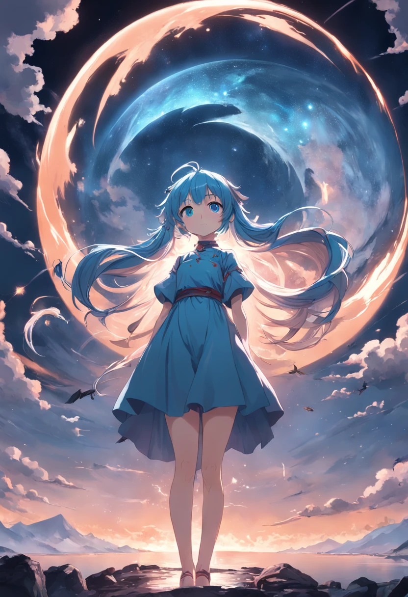 (first person perspective, in a panoramic view,magic realism,surrealism,Chiaroscuro, anime illustration:1.5,,Masterpiece, hyper HD, Super detail, High details, Best quality, A high resolution, A high resolution, Award-Awarded, Award-Awarded, Anatomically correct, 8K),(Delicate anime girl:1.5,blue hairs,sitting on a moon:1.5,Peach blossoms with blurred foreground,the sea,clouds,There is a huge crescent suspended in space,Peaceful night sky in the background,A lot of meteors),( Chic girl,anatomy correct,Cinematic lighting,senior color matching,Dark background)