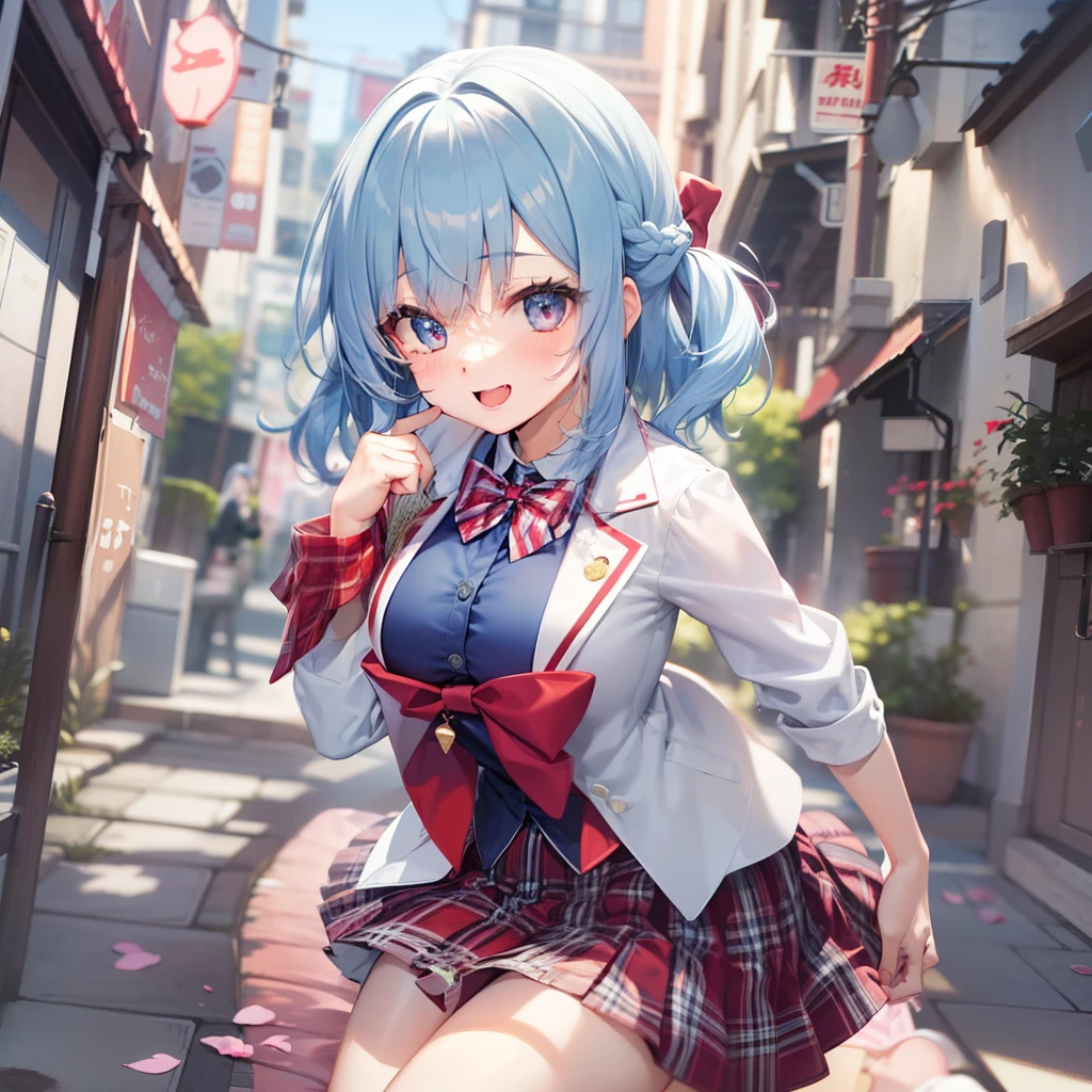 1 girl in、anime styled、full body Esbian、、(blue hairs)、(shorth hair)、Maniac smile、perspiring、red tide、blue eyess、blazers、、(Plain white shirt)、(red bowtie)、(Red checked skirt)、（Black stockings）、Absolute area、hightquality、best qualtiy、emphasizing thighs、all fours pose、Bedrooms