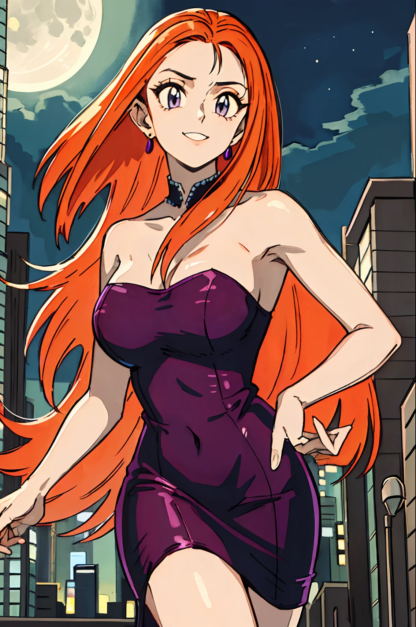 ((masterpiece, best quality;1.3)), ultra detailed, detailed background, smile,orange hair,
detalied eyes, ultra detailed eyes,  large breast,  purple bodycon dress, running, long hair, tube_dress, strapless_dress,
young hand, mikm, night, city, shinjuku,  full moon,