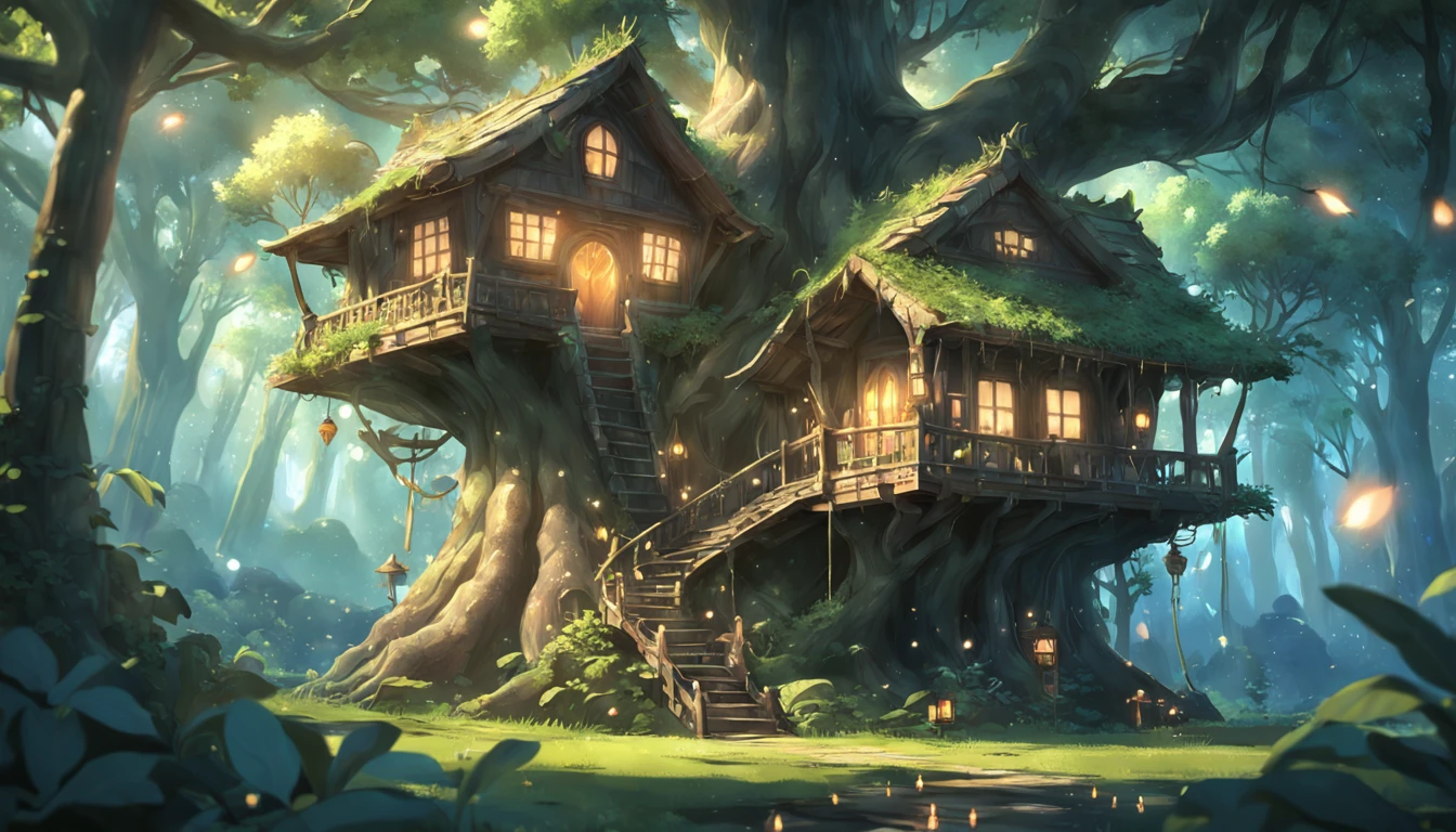 Movie scene design,Elf's jungle tree house,The grass is luxuriant,Magic lantern decoration,microcosm,Firefly lighting,super detailing,close look,water elemental,Earth element,Wood elements,Full-bodied particle effect:1.5,Ultra-clear image quality,3d effect