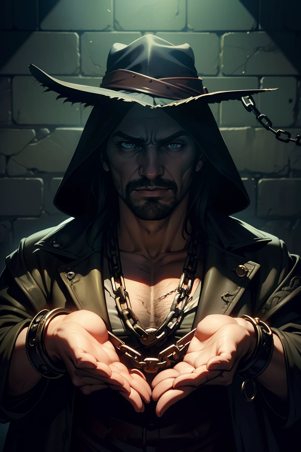 pintura de um homem, olhos abertos, olhos verdes esmeralda, olhos detalhados Escuro, chains on the wrists, handcuffed on hands, prison background, cinematic prison cell, preso,o realista Solomon Kane, as a solomon kane, portrait of a bloodborne hunter, Tim Bradstreet, Arte Sangrenta, oeste estranho, Jessé McCree, Directed by: Hiroyuki Tajima, terras mortas, Pistoleiro, Fazer software, Directed by: Yoshihiko Wada, Leiji Matsumoto, Estilo de arte Red Dead Redemption