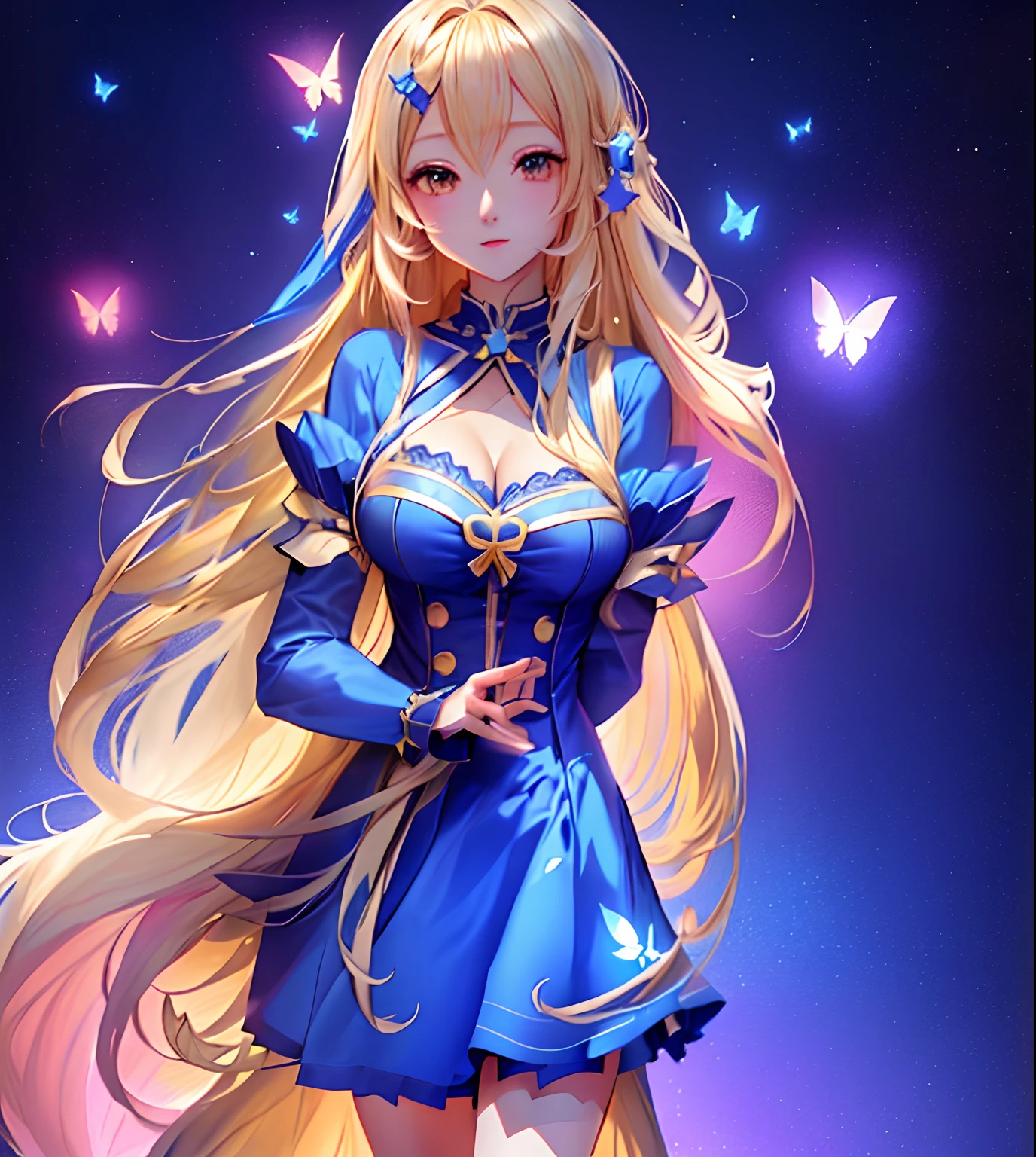Anime girl with long blonde hair and blue dress poses for camera, cute anime waifu in a nice dress, Blonde anime girl with long hair, Beautiful anime girl, Anime goddess, Beautiful anime woman, attractive anime girls, pretty anime girl, loli in dress, Anime girl with long hair, beautiful and seductive anime woman, style of anime4 K, beautiful fantasy anime,White gold color matching dress,Hit the singing suit,Star decoration,Pink butterfly