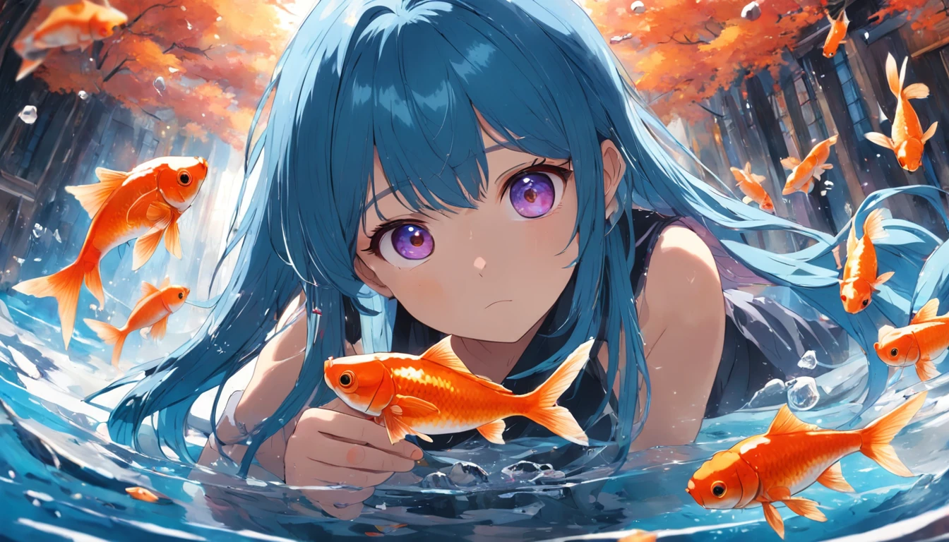 Photo, The girls、japanse, Clothing product samples, Girl scooping goldfish, colored contacts in her eyes, Full body , In summer