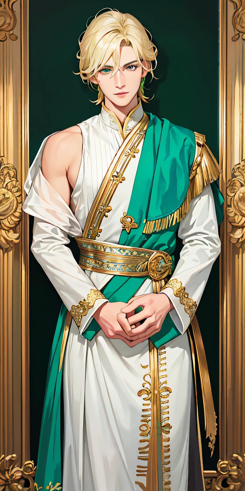 Best image quality, 4k, masterpiece, 1 male, gold hair with fringe, green gemstone colored eyes, handsome mature and gentle, godly eyes, exquisite hair, sharp eyes when looking at the camera, face focus, delicate facial features, artistic lighting, portraiture, face magnification, face close-up, above the shoulder, [elegant demeanor, dignified atmosphere and excellent posture that catches the eye + handsome face + portrait painting effect].